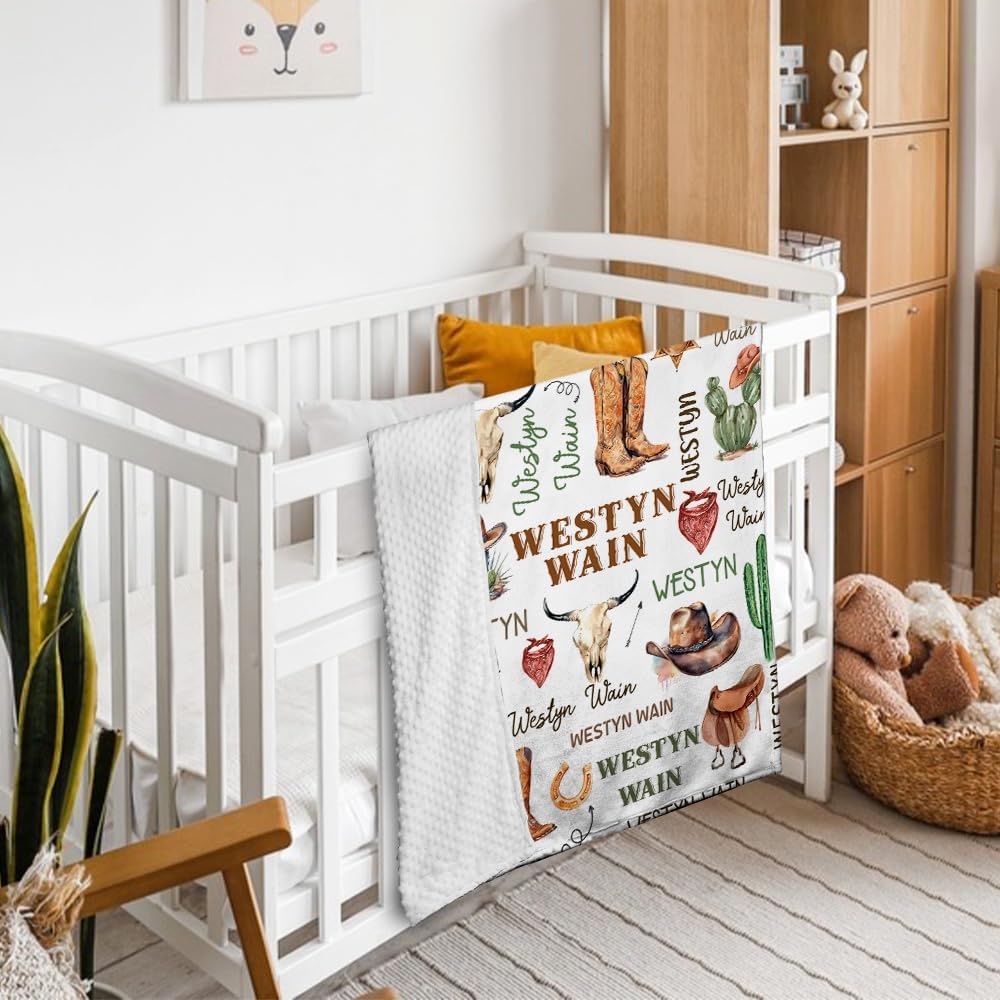 Personalized Name Minky Baby Blankets for Boys, Western Baby Stuff, Soft Plush Receiving Minky Blanket Double Layer with Dotted Backing for Infant Toddler Crib, Western Nursery Decorations (02)