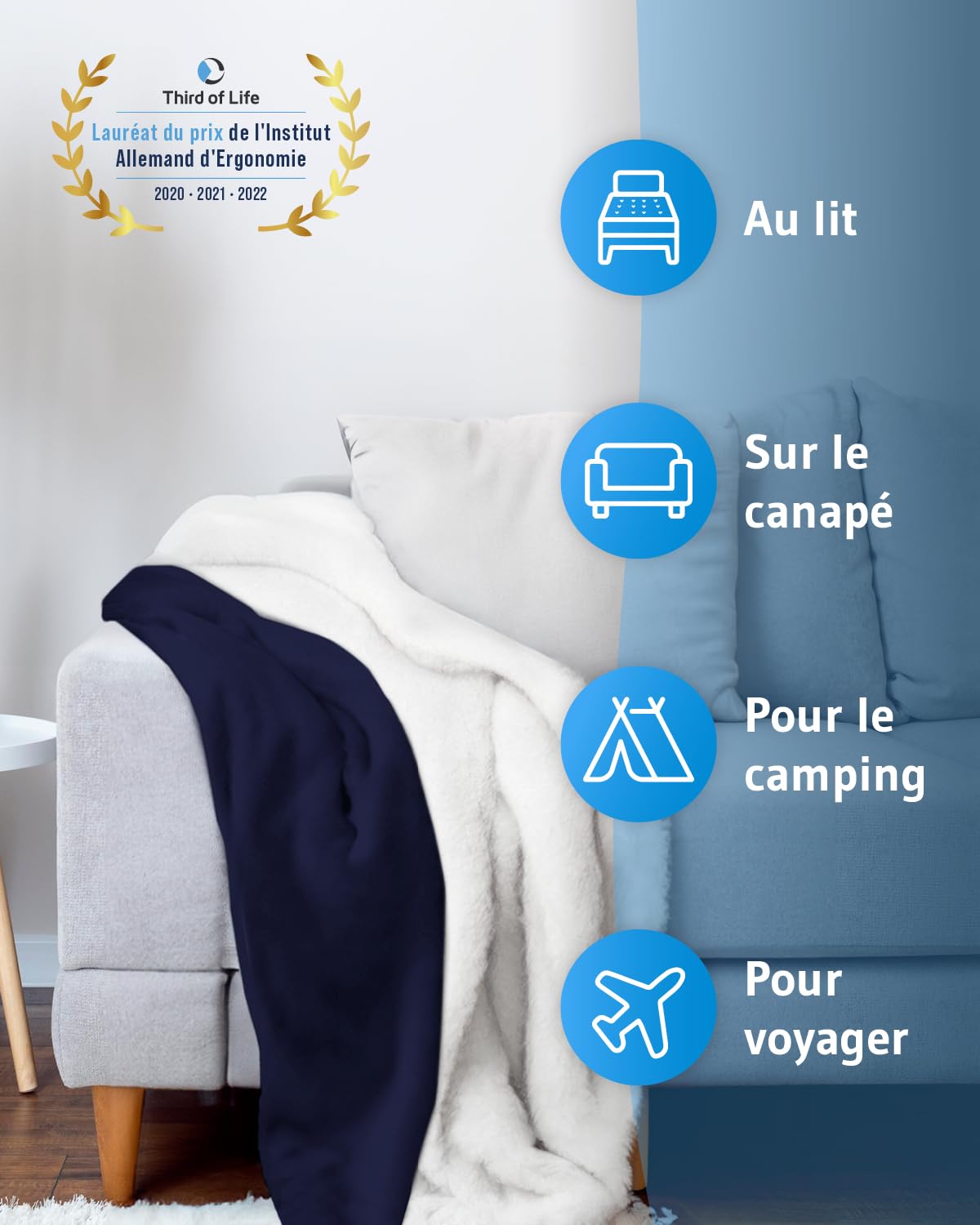 Couverture douillette 150x200 KAMI Sherpa - Plaid réversible chaude pour l'hiver - Couverture polaire épaisse pour canapé et lit - Avec poche pour smartphone & protection hygiénique - bleu foncé