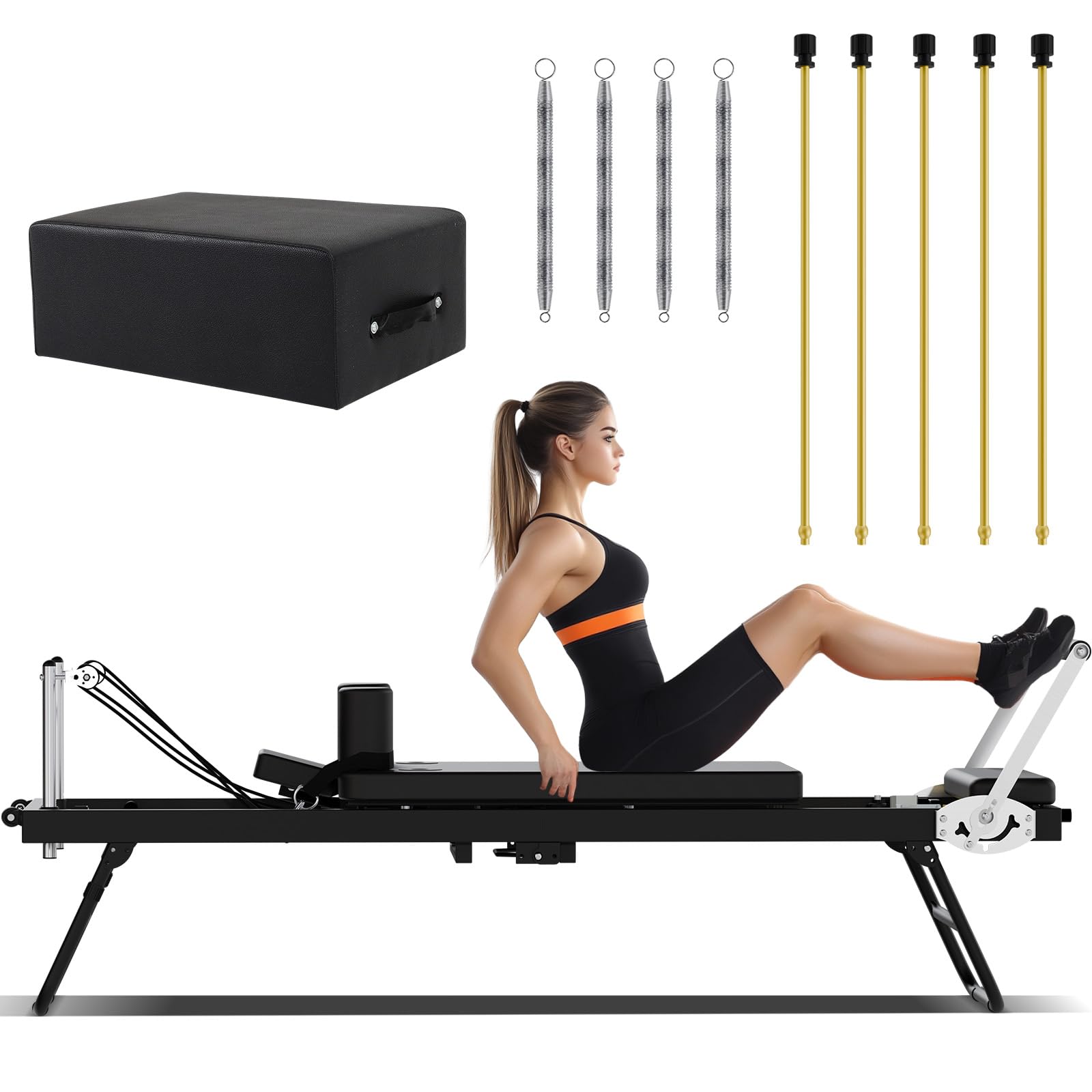Foldable Pilates Reformer Set with Sitting Box - Portable Home Pilates Machine for Full-Body Workout, Adjustable Resistance, Compact Design, Includes Pilates Sitting Box for Enhanced Exercises