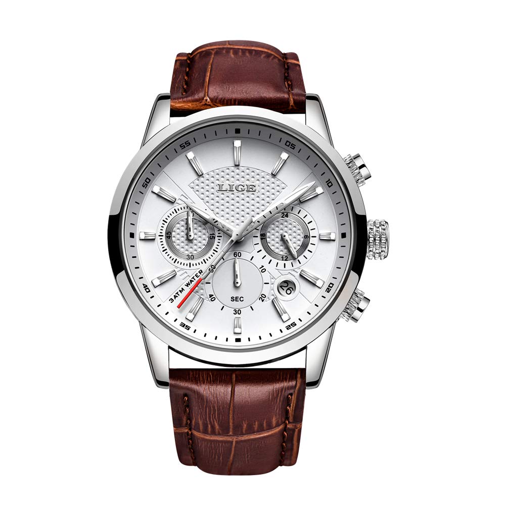LIGE Relojes Hombre Cronógrafo Analógico Cuarzo 3bar Impermeable Pulsera de Cuero Deporte Watch Business Casual Relojes de Pulsera Regalo Elegante Marrón Blanco