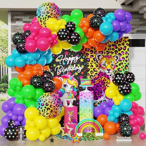 Image of 157pcs Neon Rainbow Balloon Arch Kit, Hot Pink Lake Blue Yellow Green Orange Purple Balloons with Cheetah Foil Balloons for Neon Party Decorations Back to 80S 90S Birthday Supplies
