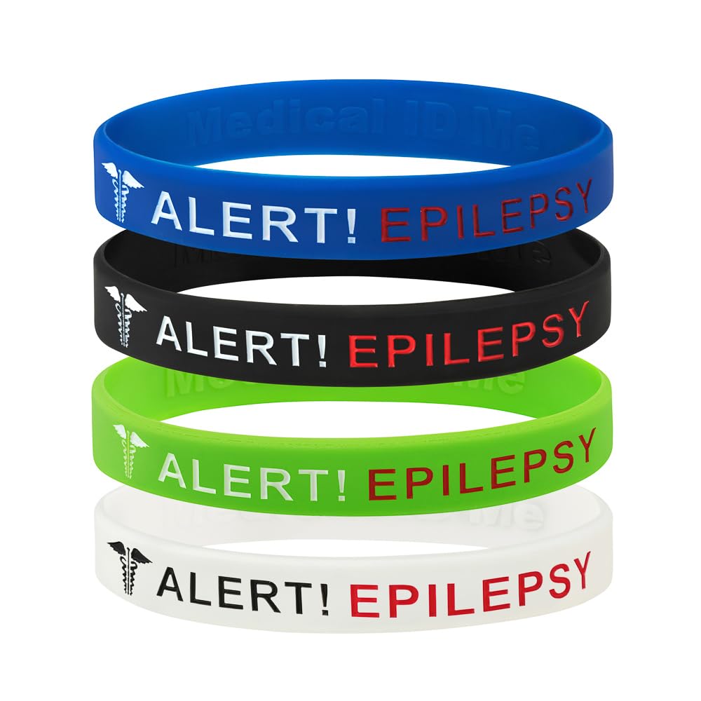 Confezione Da 4 Braccialetti Medical ID Me Per Epilessia E Allerta Medica - Silicone Impermeabile, Ipoallergenico, Taglia Large 20 Cm, Uomo/Donna - 4