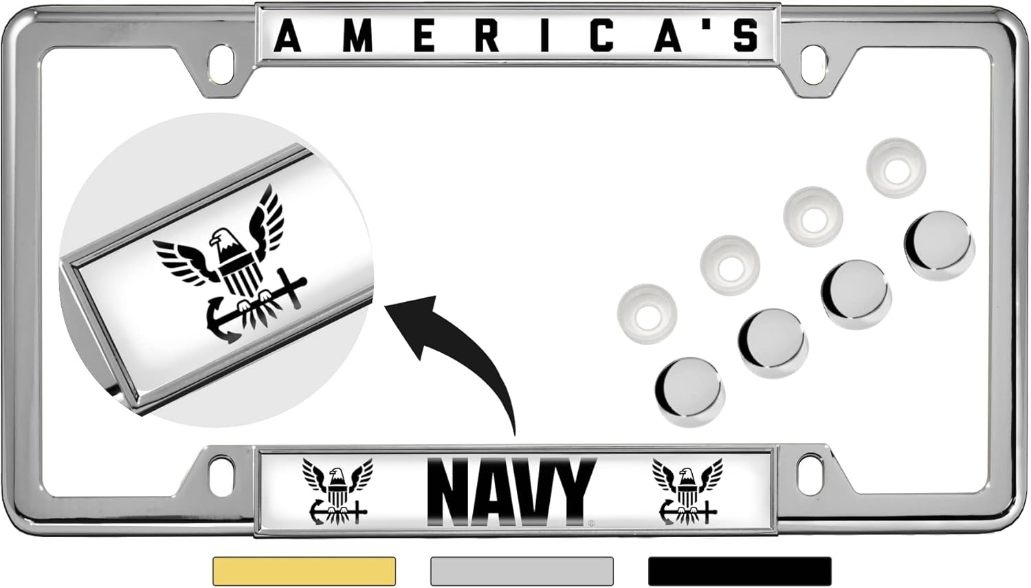 [U.S. Navy Officially Licensed Product] - America's Navy - Domed Custom-Made Personalized Narrow (Thin) Top 4 Hole Metal Car License Plate Frame with Free caps - Chrome, b/w (Qty: 1 Frame)
