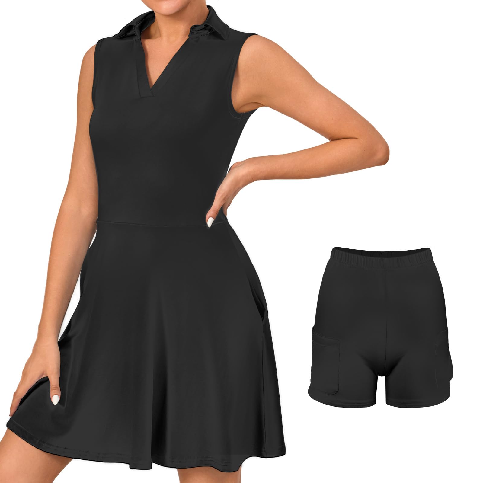 Vestido Tenis Mujer Deportivo con Pantalones Cortos Vestido Polo Bolsillos Golf sin Mangas Línea A Atléticos