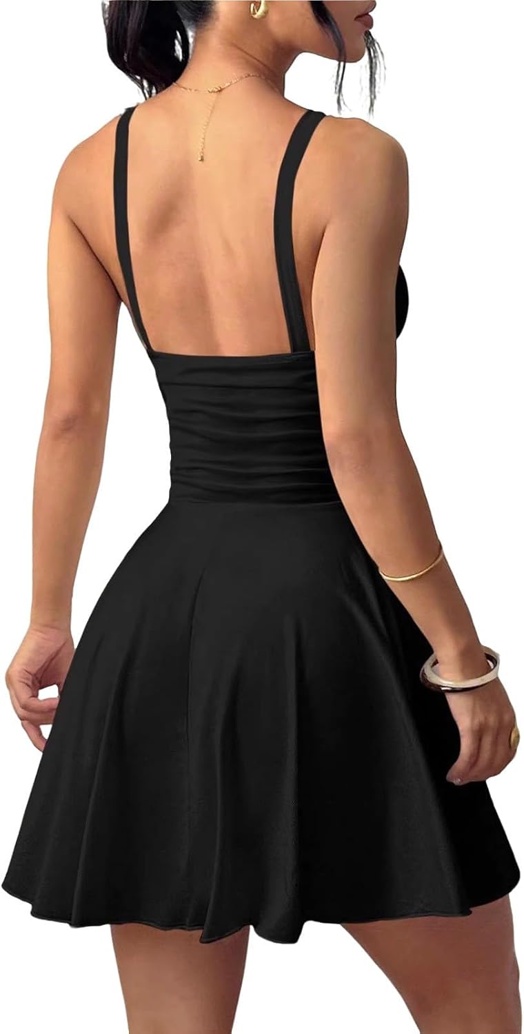 Short Formal Dresses for Women Spaghetti Strap Deep V Neck Backless Mini Dresses Summer Casual Sleeveless Sundress