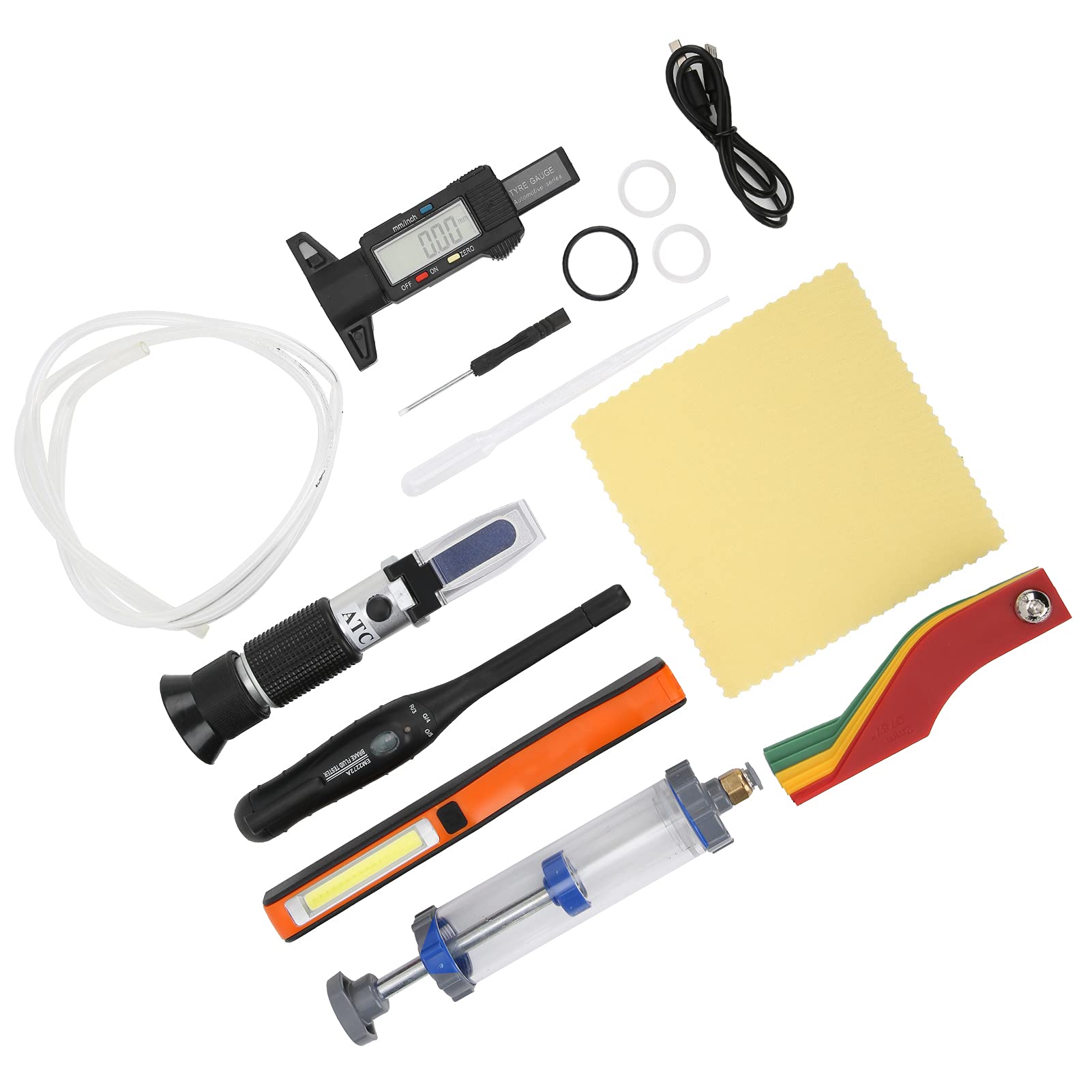 Yctze Kit de Mantenimiento Automático 6 en 1 con Regla de Patrón de Pantalla Digital Comparador de Calidad del Aceite Pastilla de Freno Medidor de Espesor Luz de Trabajo LED
