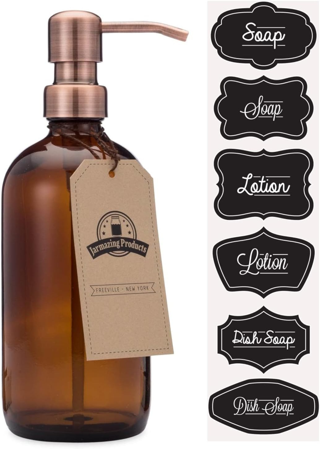 Amber Soap and Lotion Dispenser Bottle with Copper Pump - 16oz