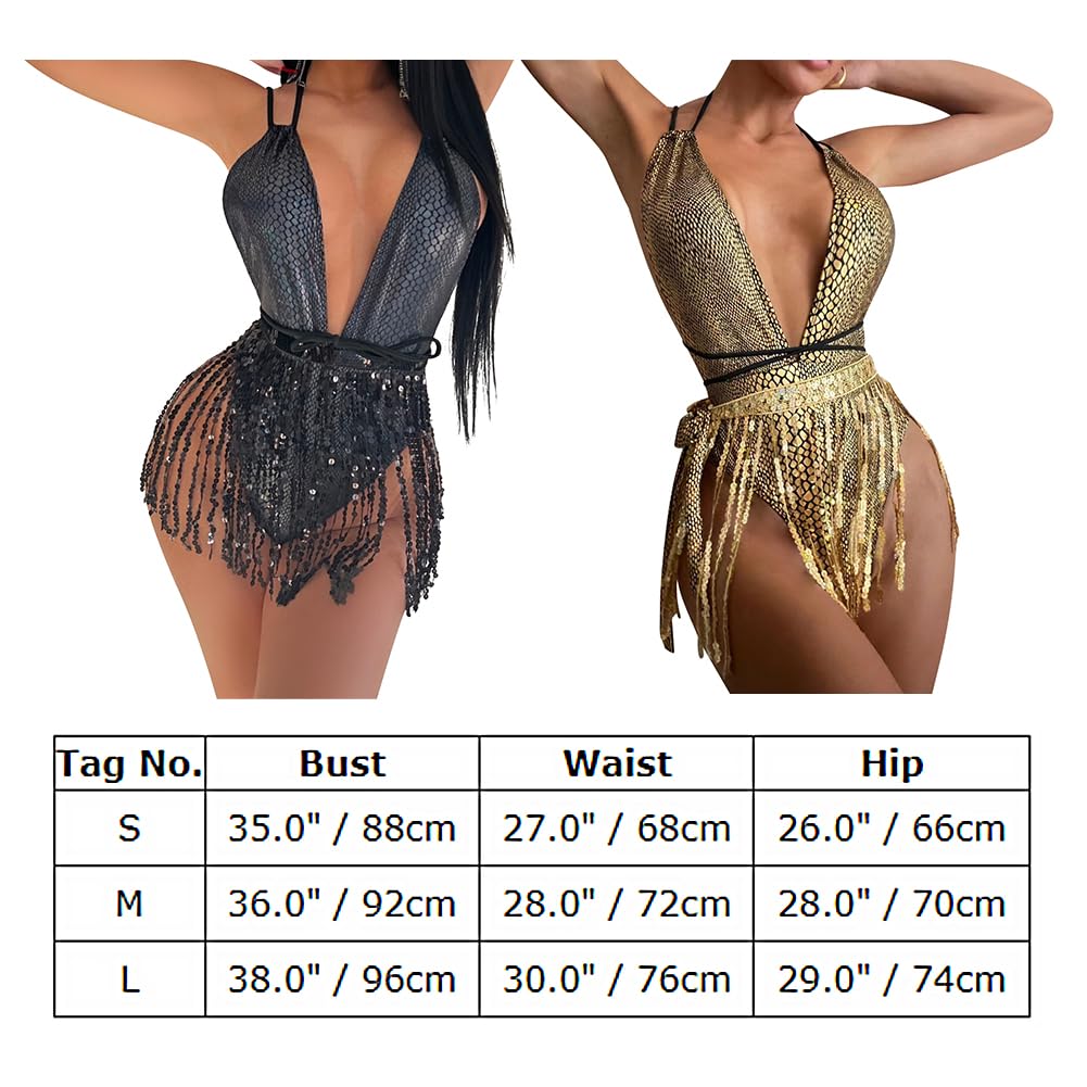 ABAFIP Damskie błyszczące stroje rave głęboki dekolt w serek body Teddy metaliczna cekinowa spódnica 2 szt. Festiwal Dancewear