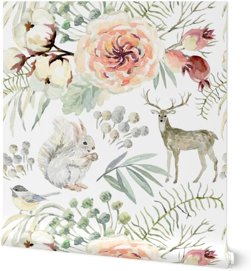 Peel & Stick Wallpaper 3ft x 2ft - Winter Woodland White Floral Elegant Deer Forest Rabbit Snow Custom Removable Wallpaper by Spoonflower