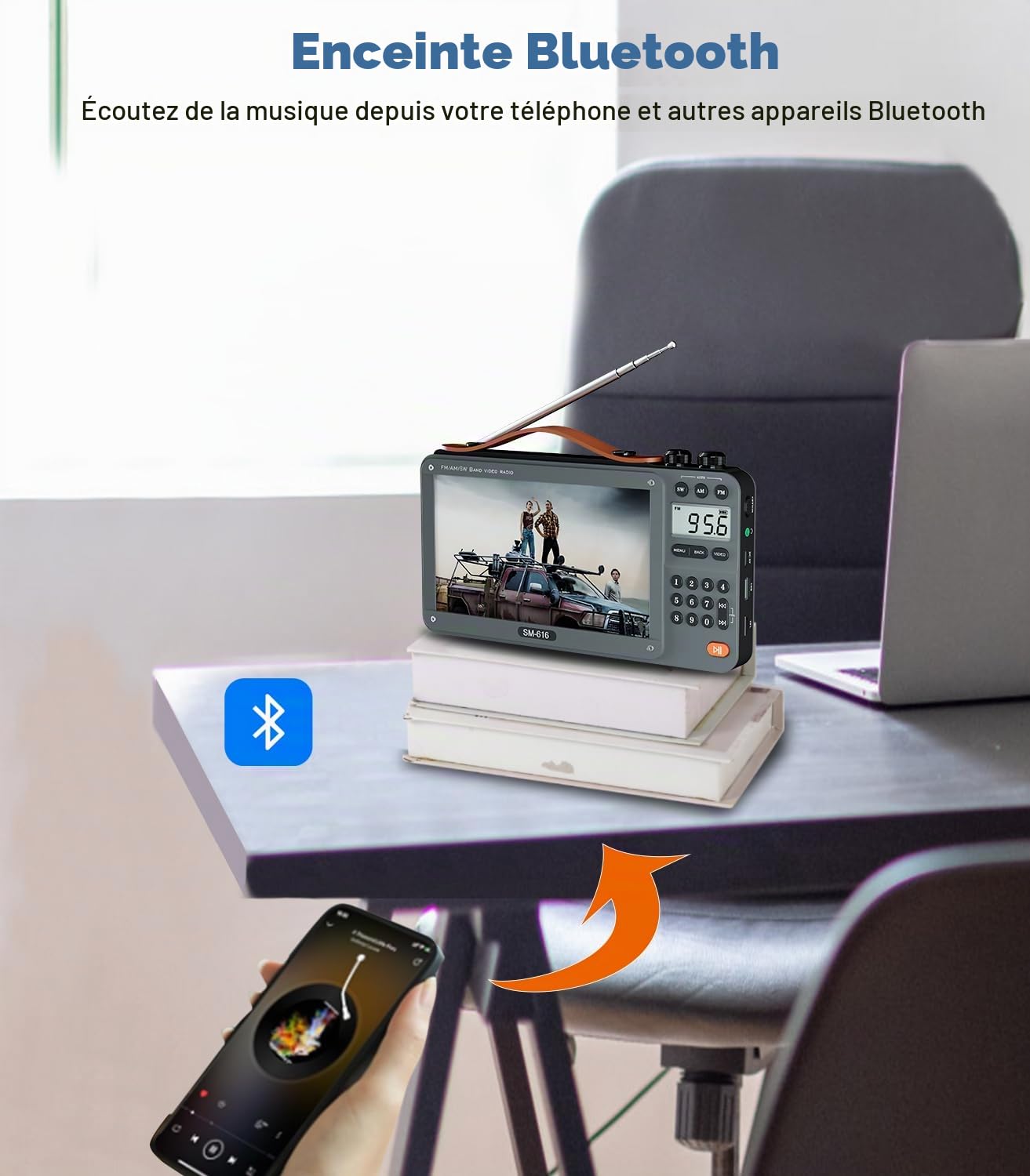 Radio vidéo FM AM 720p avec haut-parleur Bluetooth, radio numérique rechargeable à ondes courtes MP3 MP4, prise en charge USB/carte Micro SD, haut-parleur et prise casque