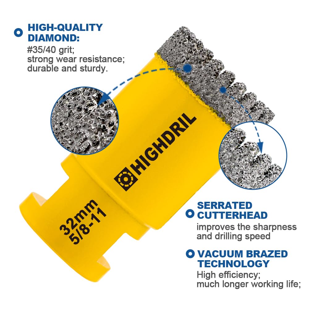 HIGHDRIL Diamond Core Drill Bit - 2pcs 1-3/8"(35mm) with 5/8-11 Thread Dry Drilling Hole Saw for Porcelain Tile Ceramic Granite Marble Stone Masonry Brick (Serrated Blade)