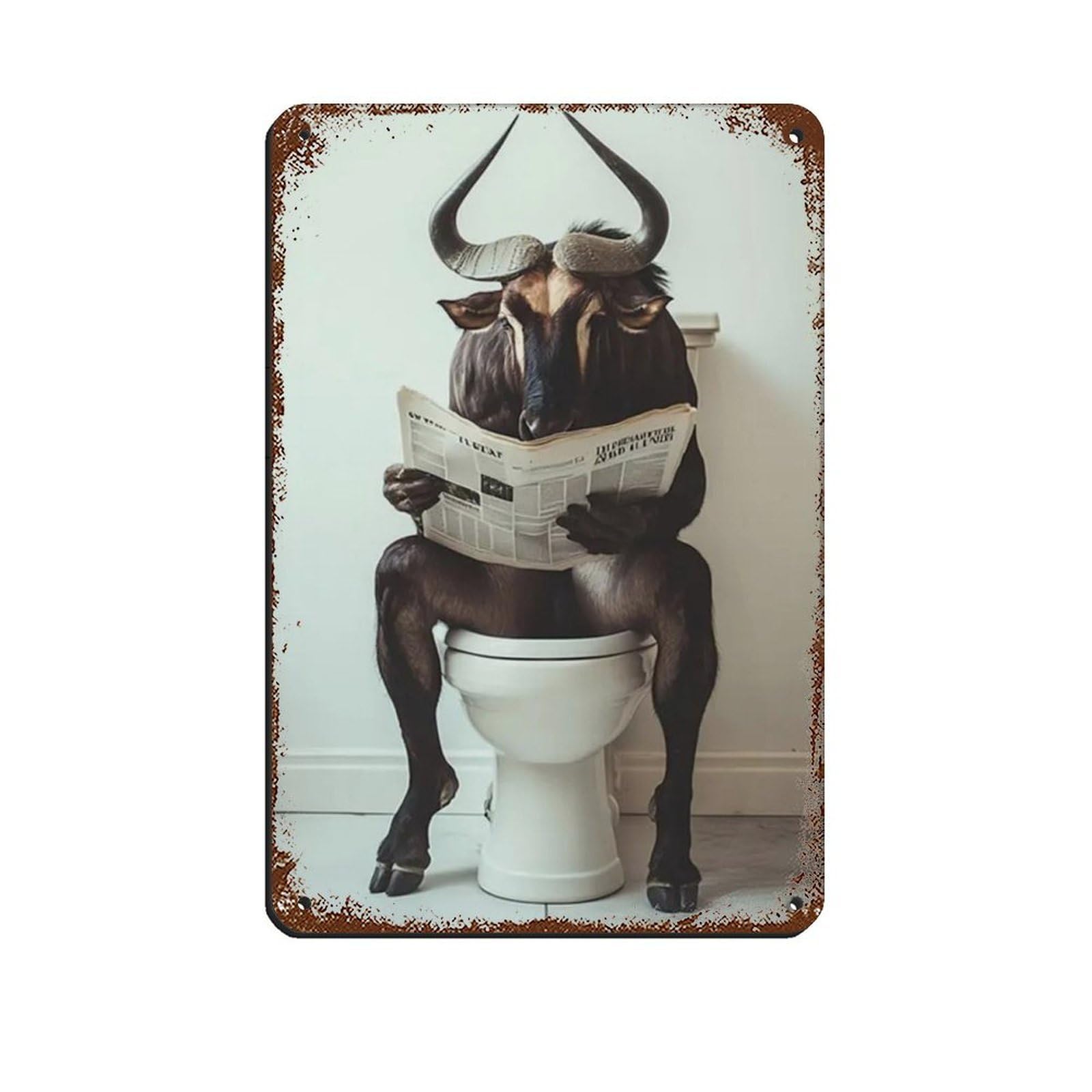 Wildebeest Sitting on Toilet Reading Newspaper Retro Poster Metal Tin Sign Chic Art Retro Iron Painting Bar People Cave Cafe Family Garage Poster Wall Decoration 8x12inch(20x30cm)