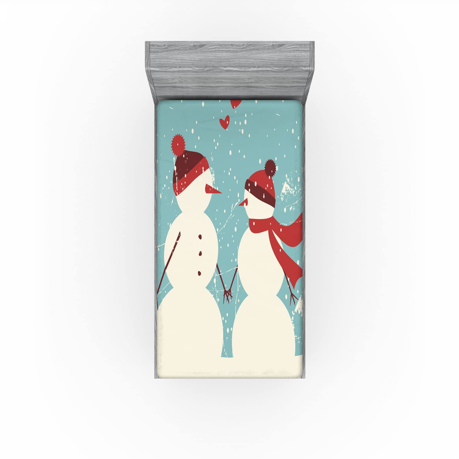 Ambesonne Christmas 2 Pack Fitted Sheet, Snowman Woman Love, Bed Cover All-Round Elastic Deep Pockets 2 Pieces, Package Contains 2 Twin Size Fitted Sheets, Seafoam Cream