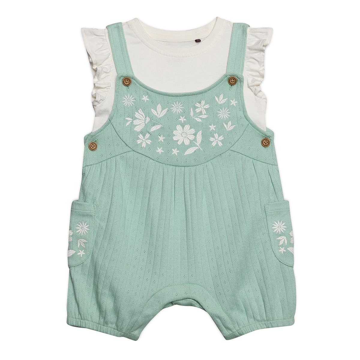 Mini Cuddles Women's Green Baby Girls Floral Embroidered Dungaree Set, Mint (3-6M)