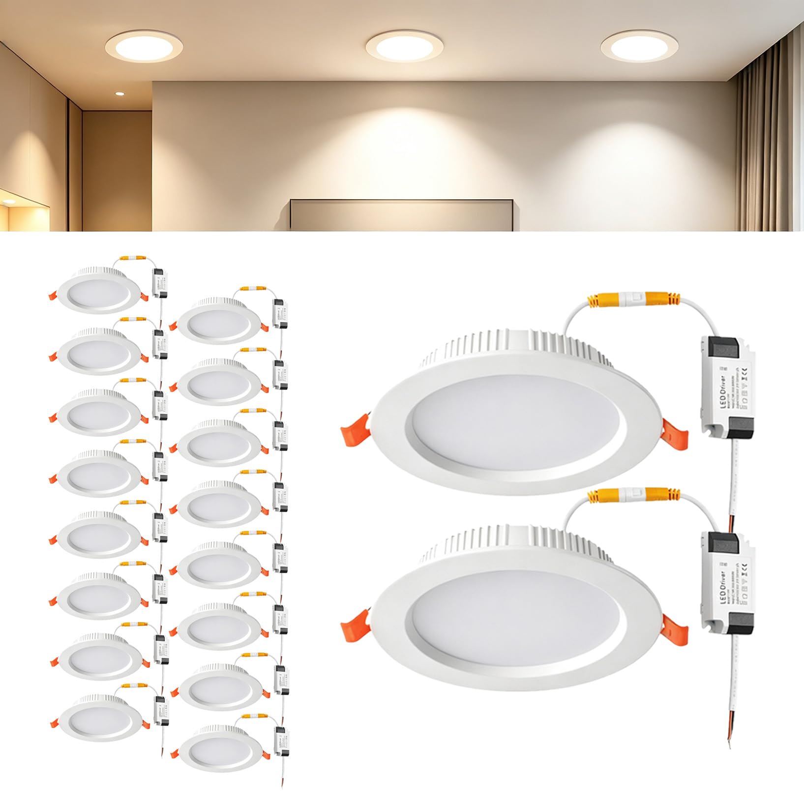 VOGHMOLD 9W LED Recessed Ceiling Lights, Cut Φ90-110mm, AC85-265V 4000K Flush Mount Flat Panel Downlight for Office, 18 Pack