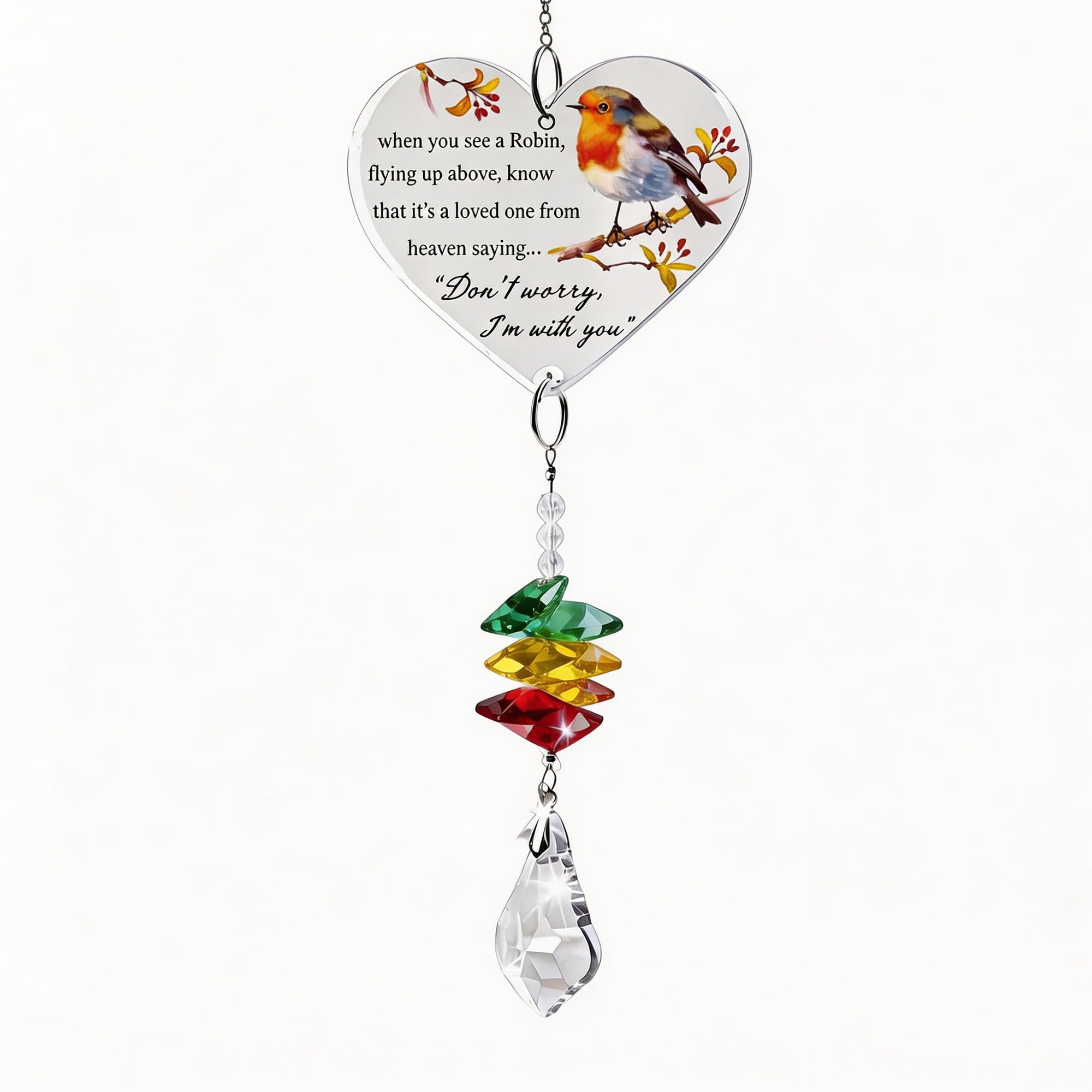 Minwegi Transparent Color Heart Shaped Robin Memorial Gift - Acrylic Hanging Ornament With Rainbow Reflection, Bereavement Gift For Adults, Christmas Home Decoration