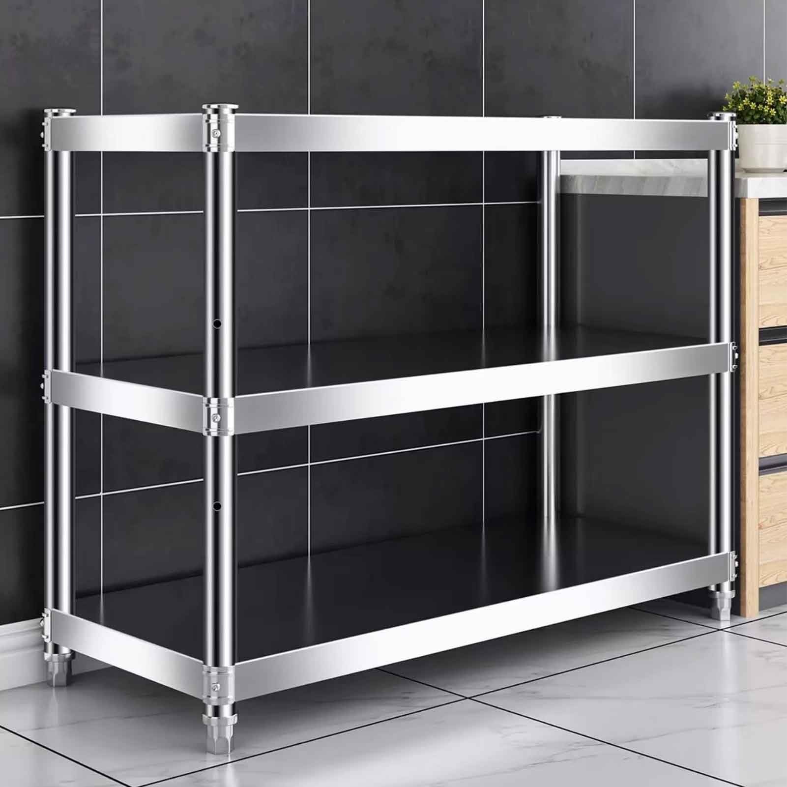 Scaffale da cucina a 3 ripiani in acciaio inox, resistente, versatile per cucina, soggiorno, ufficio e patio (90 x 50 x 80 cm)