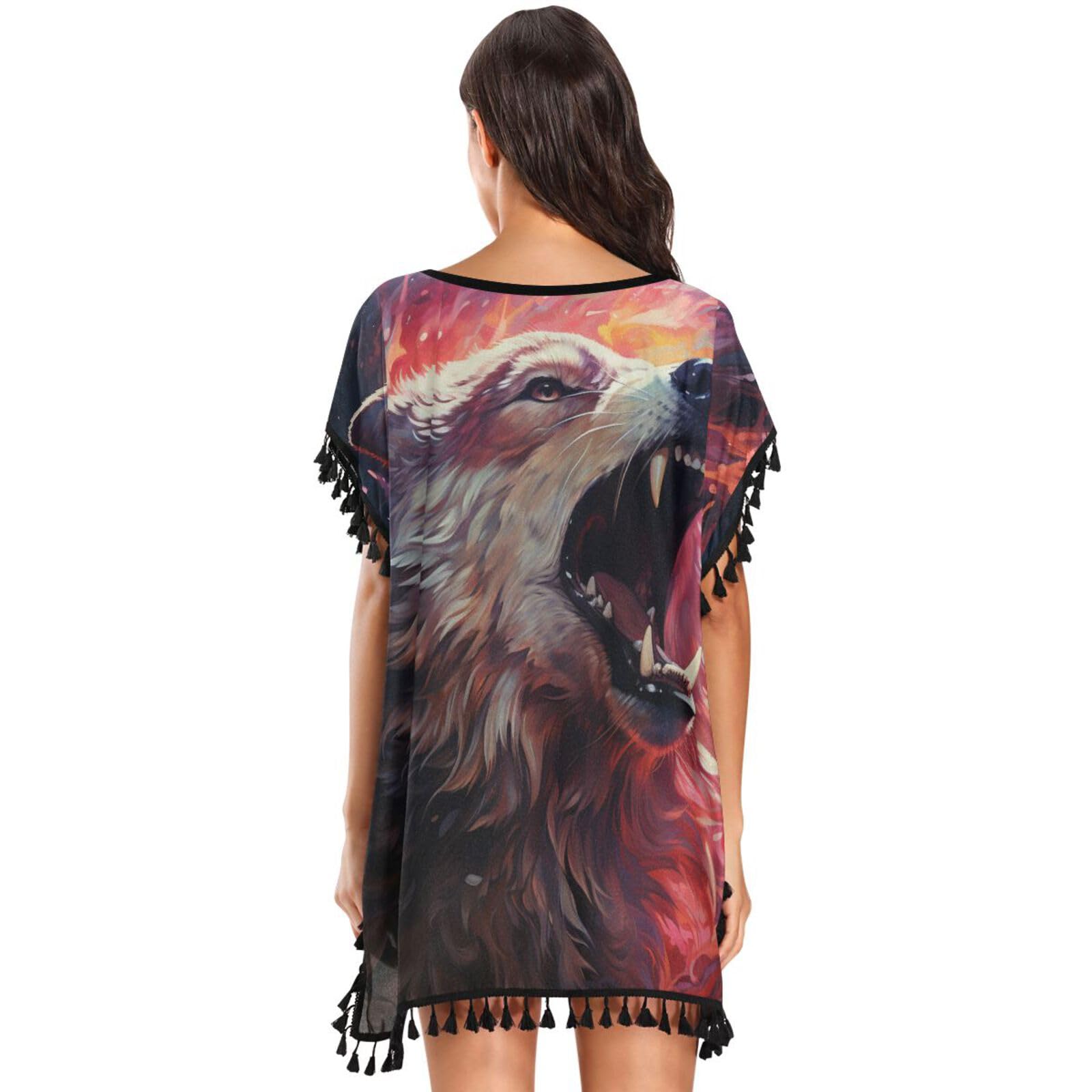 Abstract Angry Wolf Fire Space Women's Beach Cover Up Chiffon Tassel Swimwear Swimsuit Coverups for Girl