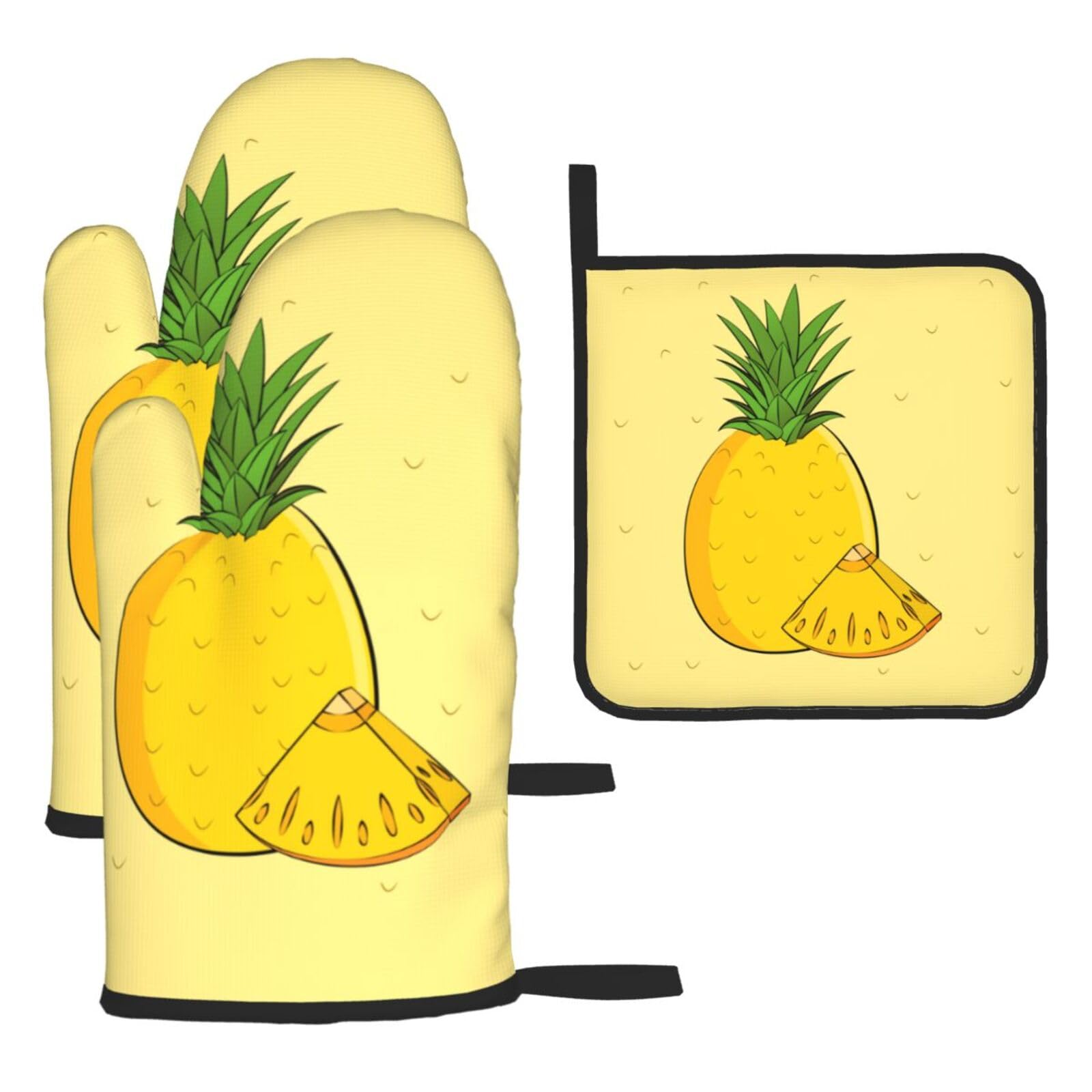 cartoon pineapple Oven mittens and oven mitts three-piece set suitable for oven, grilling, baking, microwave and home cooking.