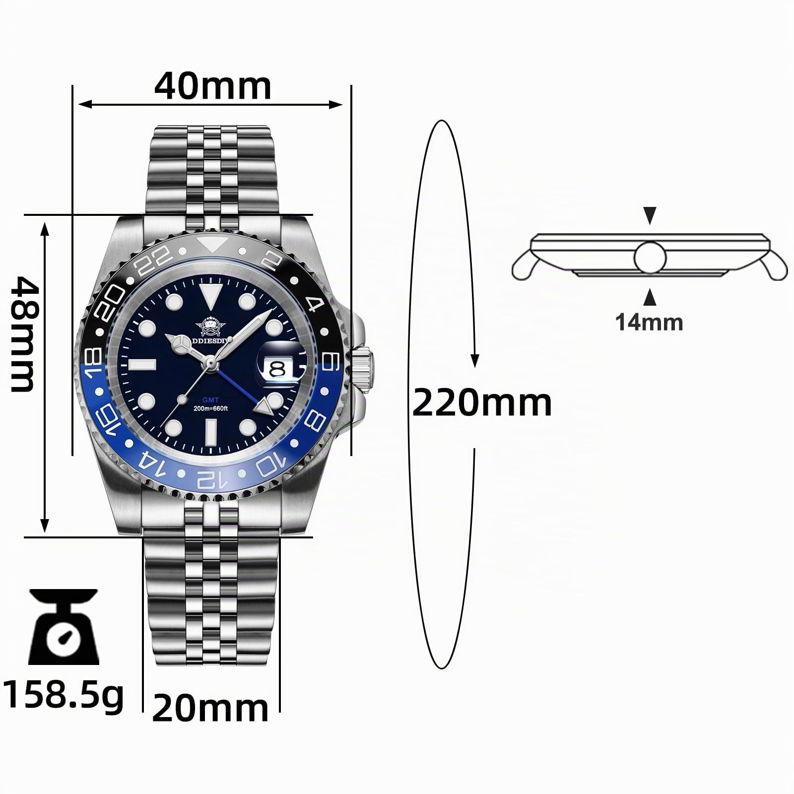 ADDIESDIVE GMT Relojes Hombre Cuarzo Impermeable 200 M Ronda 515-24 H Luminoso Acero Inoxidable Reloj Hombre Diver