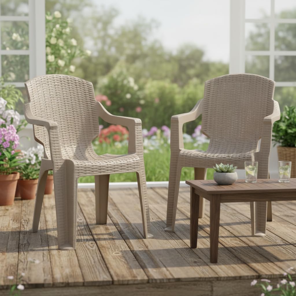 SkyGlamour Supreme Mark Designer Relax Plastic Arm Chair for Home | Garden | Balcony | Indoor&Outdoor Use | Plastic Chair Set of 2 | Color: Dark Beige; Set of 2-image-4