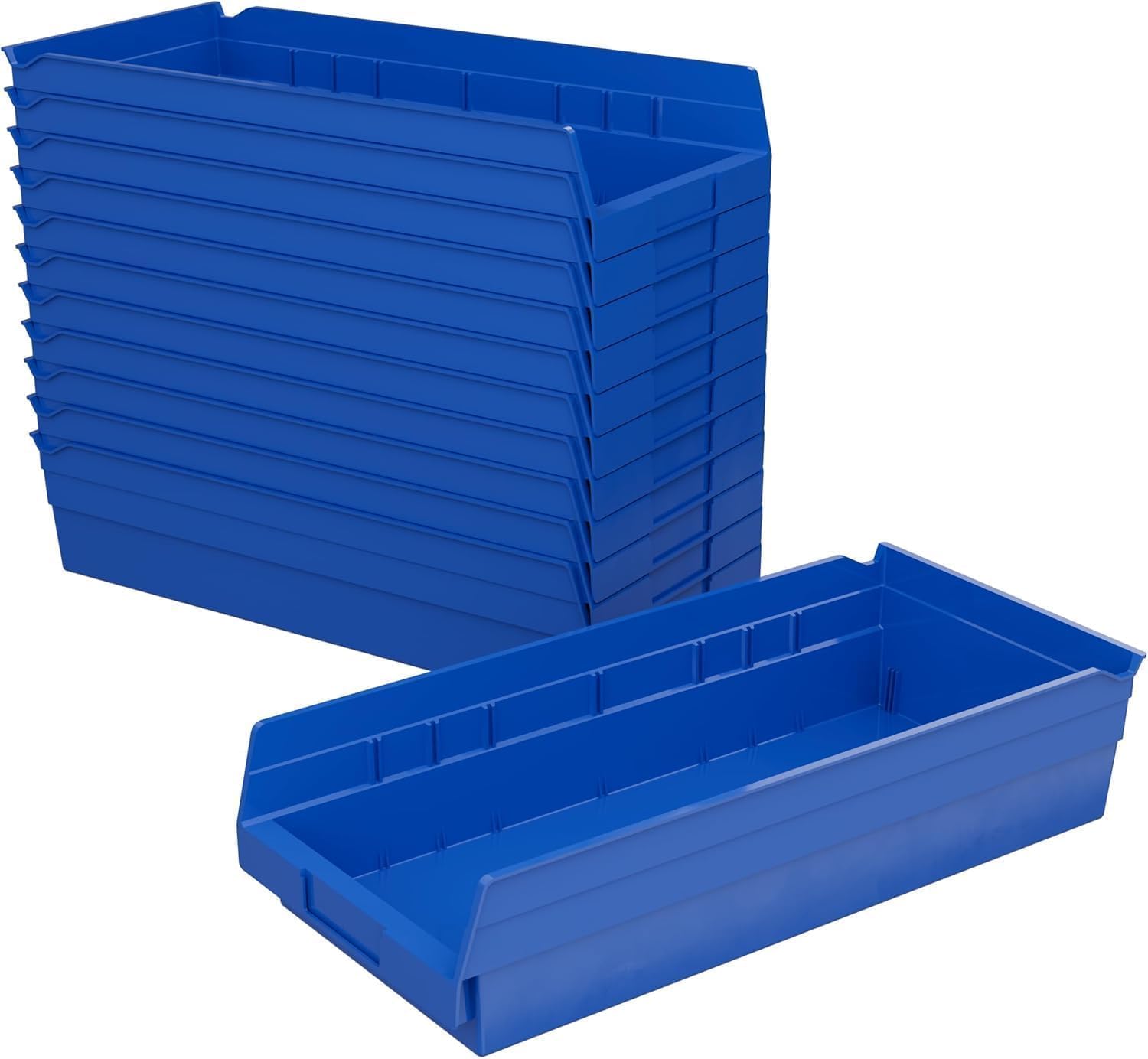 30158 Plastic Shelf Bins, Heavy Duty Storage Bins for Garage, Closet, and Drawer Organization, 18-Inch x 8-Inch x 4-Inch, Blue, 12-Pack