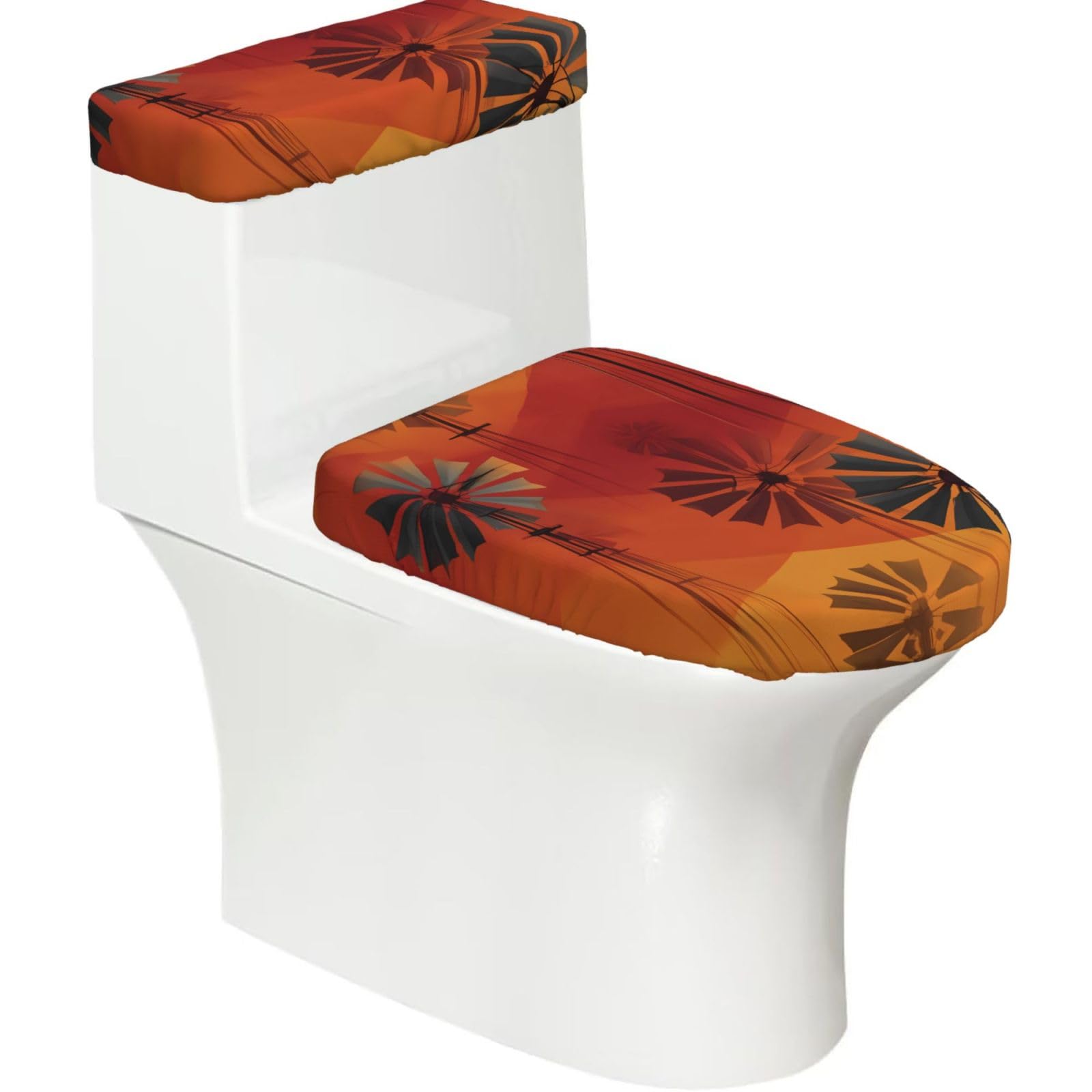 Wzycwb Black Sunset Windmill 2-Piece Toilet Seat Cover Set With Tank Lid, Elastic Fit For U-Shape & Elongated Toilets, Bathroom Decor, Housewarming Gift