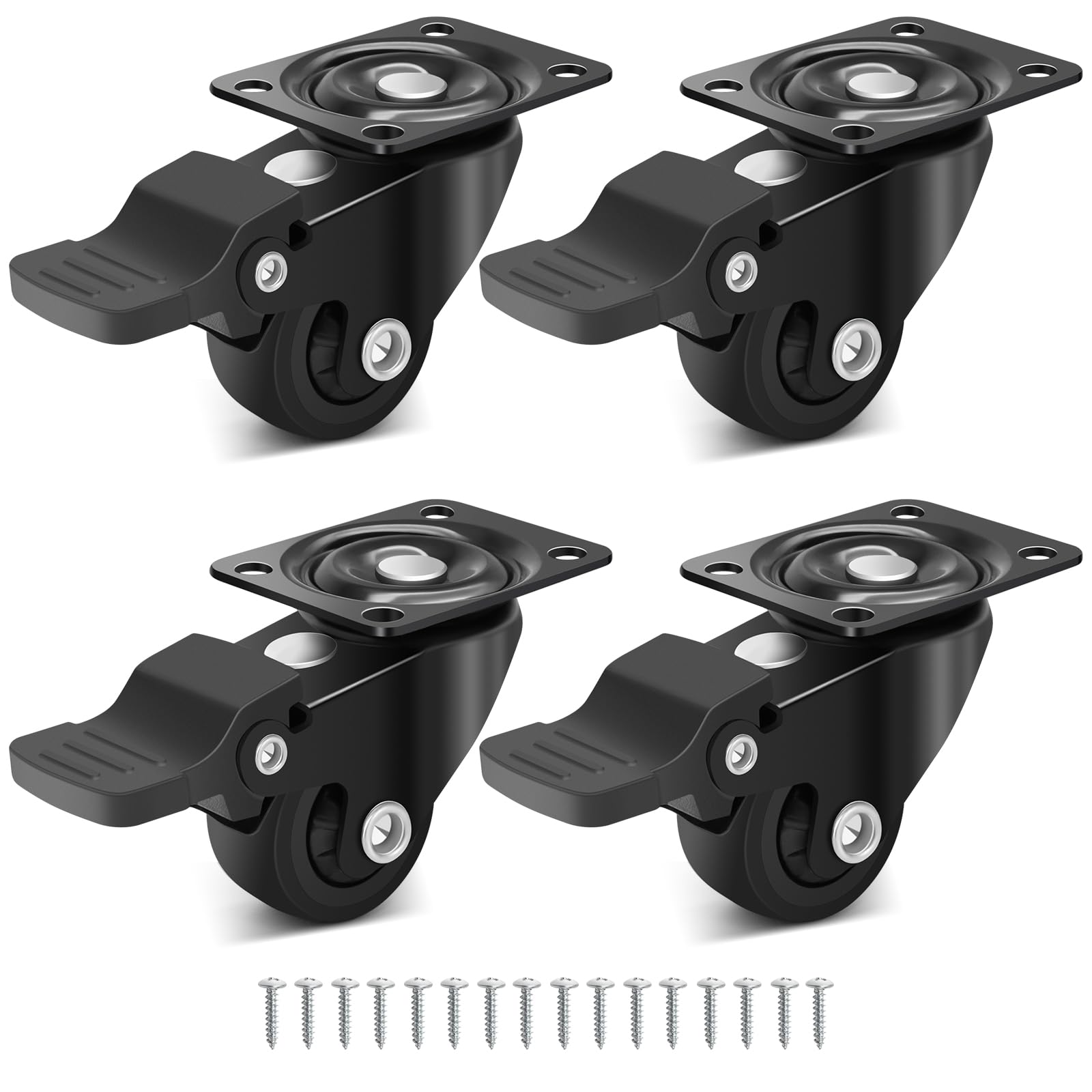 Humagineer 25mm TPR Furniture Castors with 4 Brake,Load Capacity 45kg, Small Plate Caster Wheels Black,Quiet Running & Smooth & Floor Protecting,Heavy Duty Caster for Furniture, Desk, Chair, Set of 4