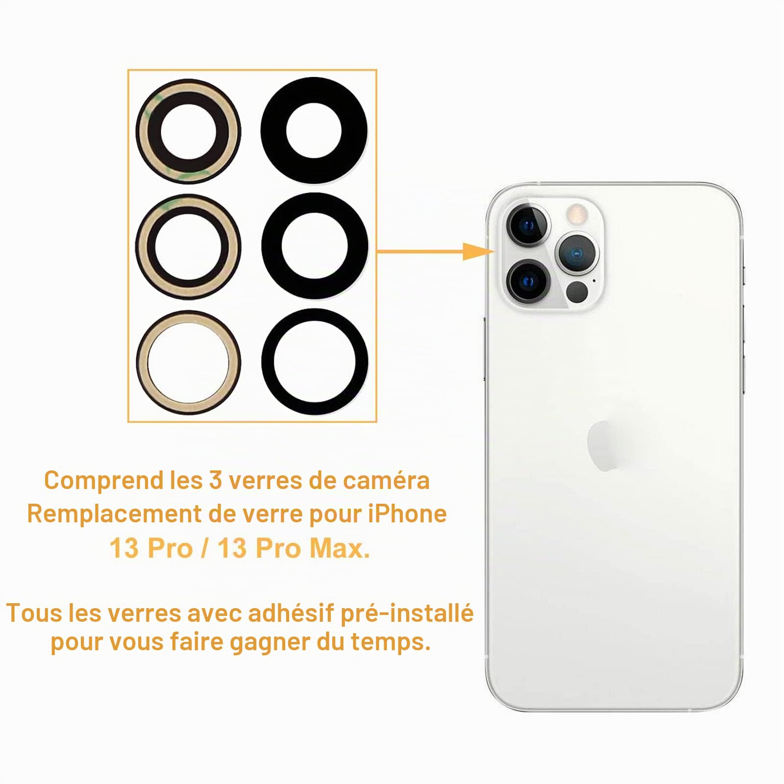 Lentille de rechange d'origine pour caméra arrière iPhone 13 Pro et iPhone 13 Pro Max avec adhésif pré-installé et kit d'outils de réparation