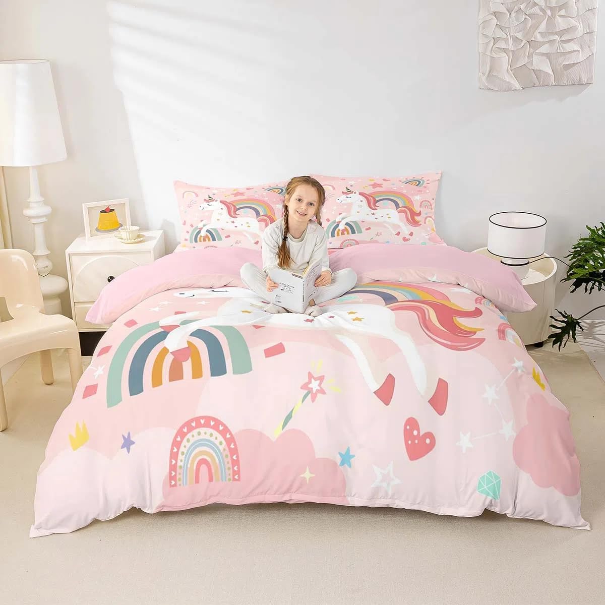 Homemissing Cute Unicorn Duvet Cover Set Cot Size For Kids Girls Teens Rainbow Bedding Set Rainbow Unicorn Decor Comforter Cover Set Cartoon Animal Pink Quilt Cover with 1 Pillowcase - Image 2