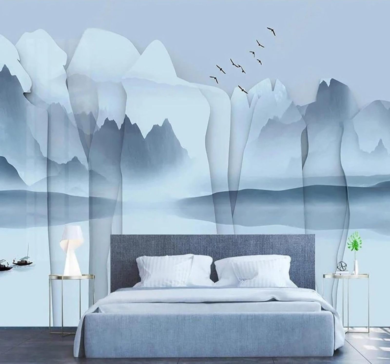 XLMING 3D Tapeten Abstrakt Tuschezeichnung Nebel Berge Vögel Landschaft