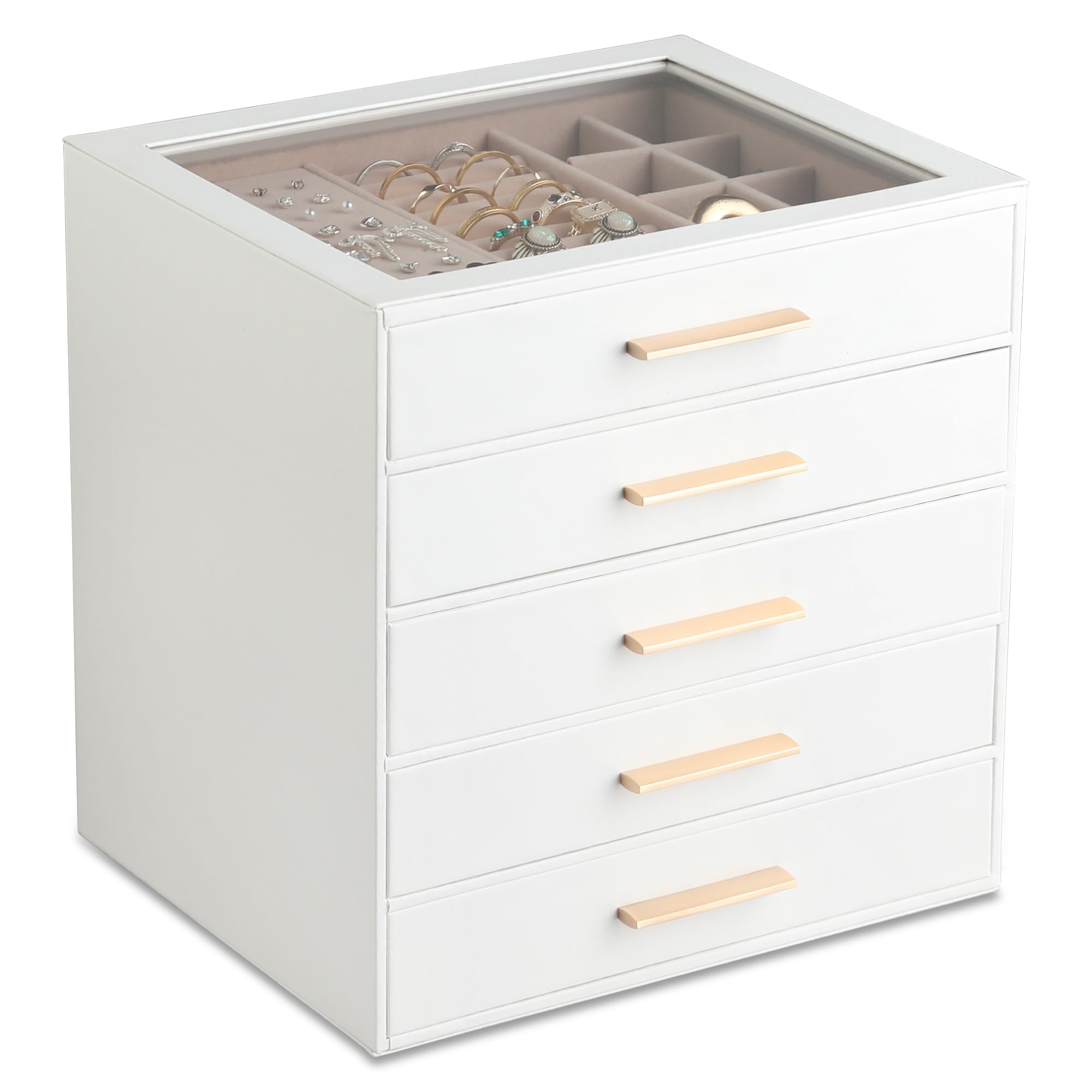 Joyero con tapa transparente, organizador de joyas de 5 capas con cajón, organizador de joyas de piel sintética y almacenamiento, cajas de joyería para mujeres, almacenamiento de joyas para