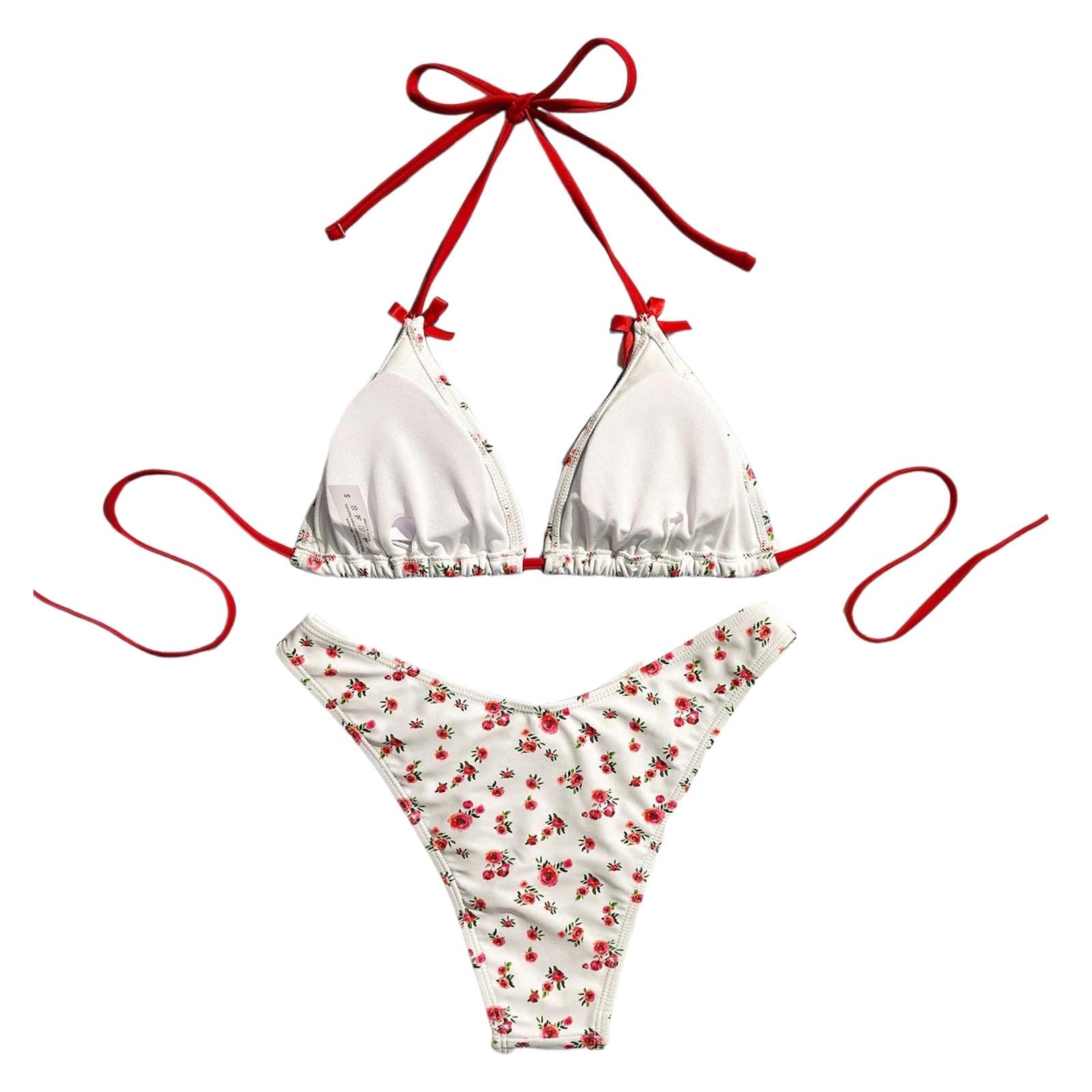 Maillot de bain 2 pièces pour femme - Imprimé cerises - Bikini triangle à nouer sur le côté - Pour l'été, la plage, la piscine, les vacances