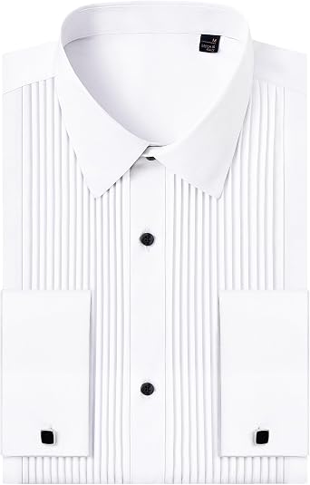 J.VER Tuxedo Shirts for Men French Cuff Dress Shirt with Metal Cufflinks Formal Business Pleated Shirt for Prom Wedding Party