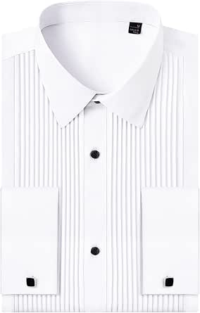 J.VER Men's Tuxedo Shirt - French Cuff Pleated Dress Shirt with Metal Cufflinks