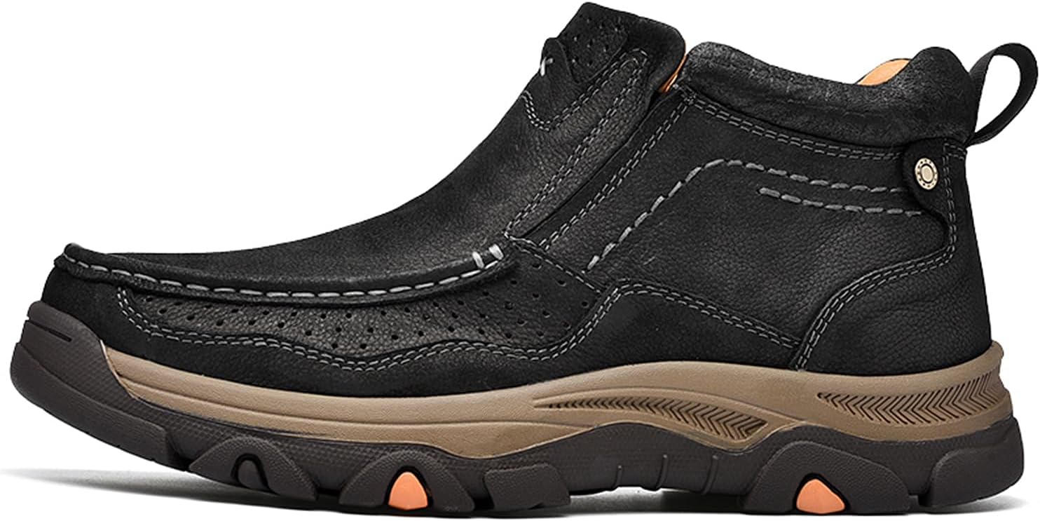 Size 12 Mens Slip On Casual Loafers Classic Outdoor Leather Walking Hiking Shoes Comfortable for Work Office Dress Outdoor High Top