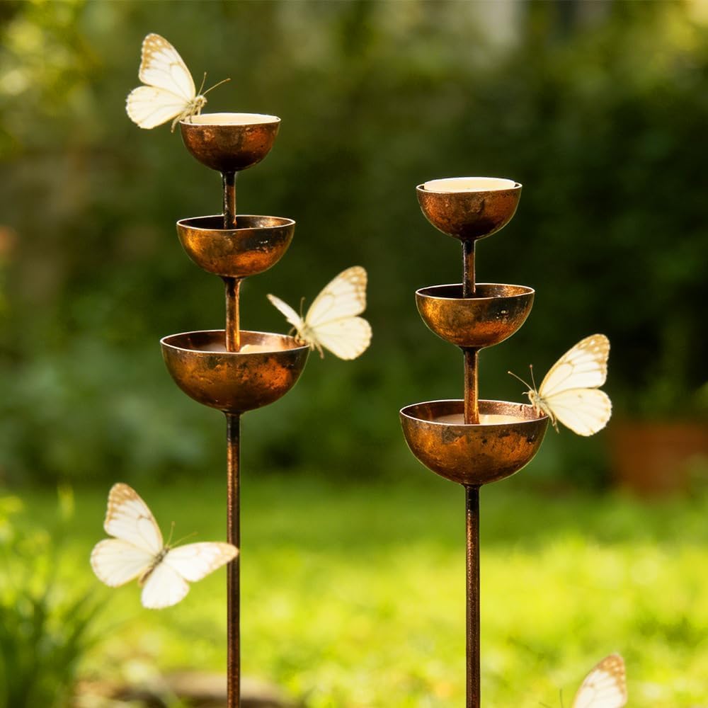 Clbdress 2Pcs Rain Catcher With 3-Tiered Water Bowls, Metal Rain Catcher Garden Stake, Bird Bath & Butterfly Feeder, Outdoor Yard Art For Home Garden Backyard Courtyard (2 Pcs)