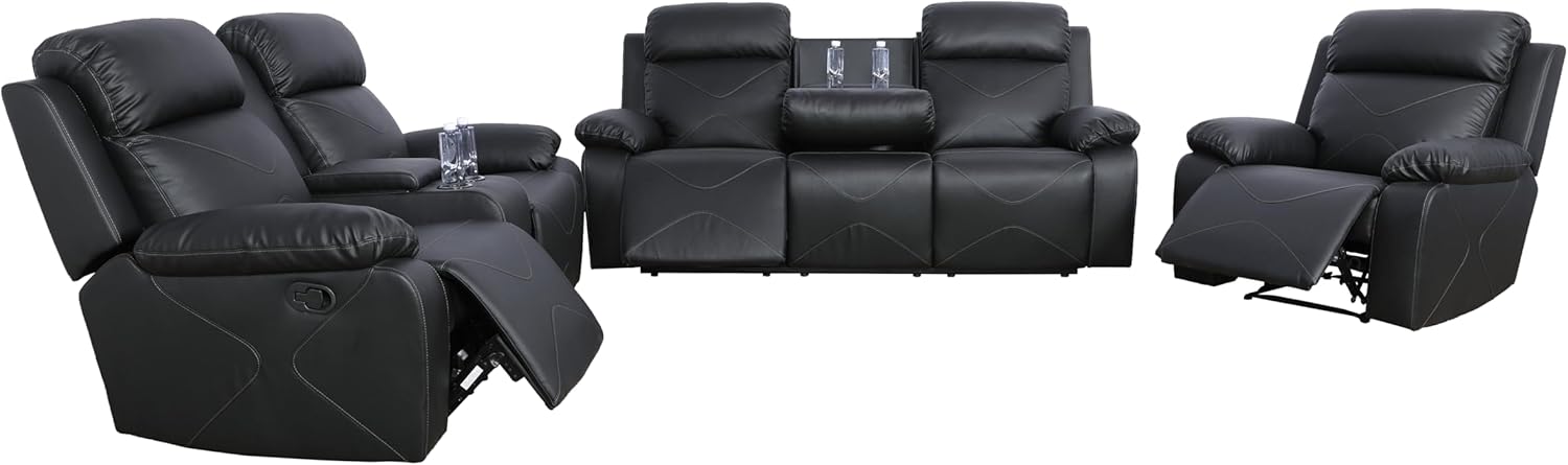 3-Pieces Leather Recline Sofa Set, Recliner Couch Home Theater Seats with 2 Cup Holder, Living Room Furniture Couch Set Include 3 Seater Sofá, Lovesat&Recliner