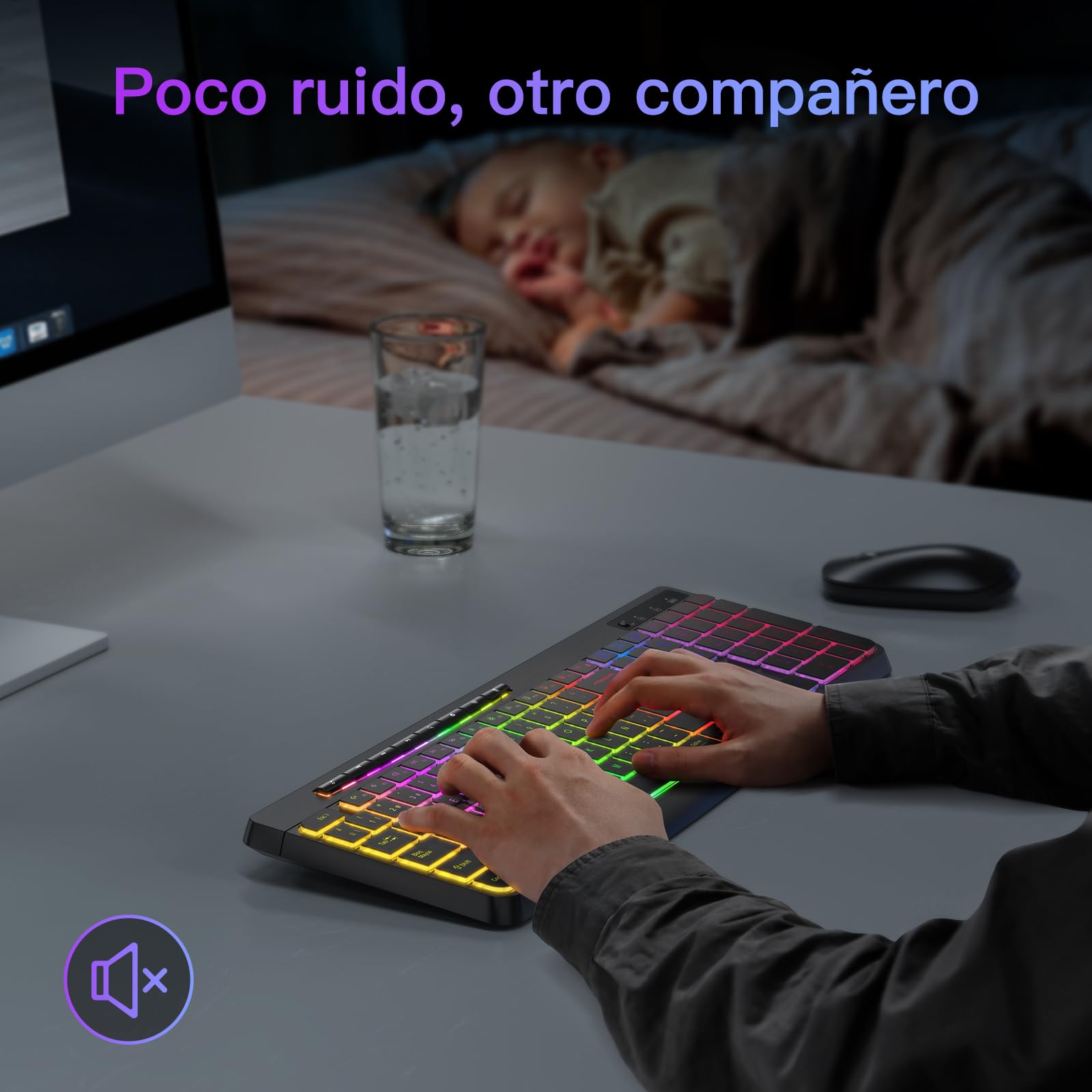 TECURS Tastiera Gaming Wireless - Tastiera QWERTY silenziosa, ergonomica, impermeabile, 2,4 GHz LED tastiera illuminata per PC/computer/Mac/Windows con tasti multimediali