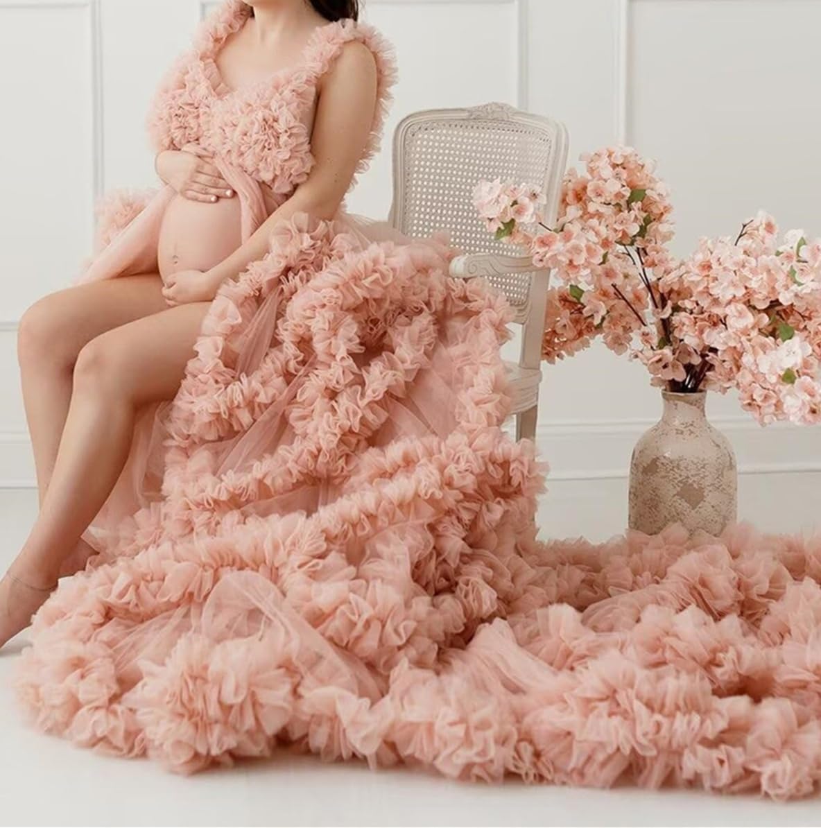 Tüll Robe Umstandskleider für Fotoshooting, lange Hochzeit, Braut, Schwangere Morgenmäntel, Übergröße