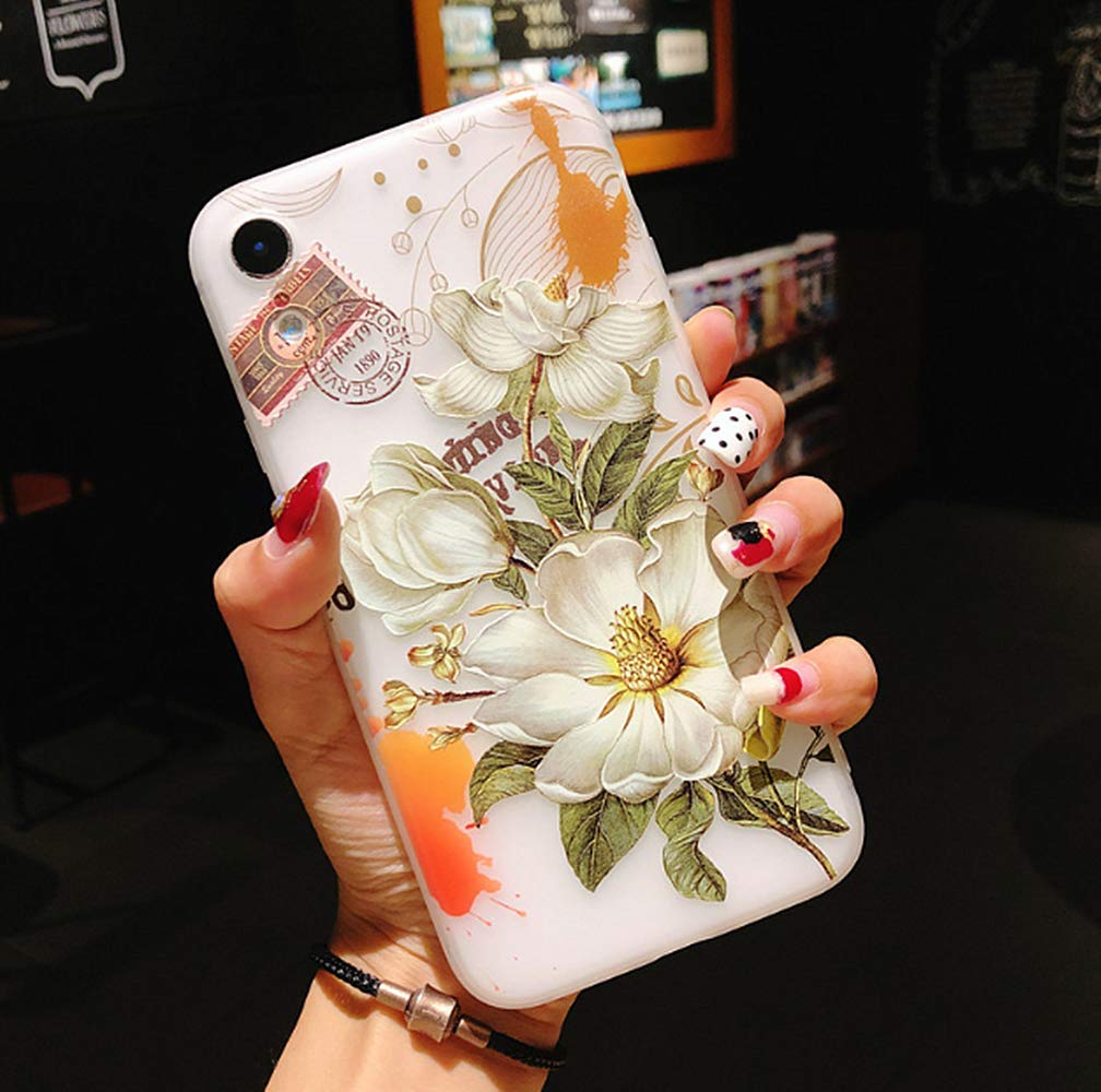 iPhone XR Floral Case,LMing 3D Emboss Beautiful Flower Pattern Slim fit Shock-Absorbing Soft Rubber TPU Skin Cover Case for iPhone XR 6.1inch (White Flower)