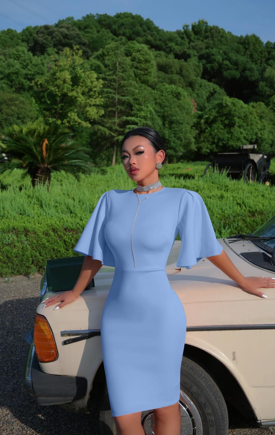 Memoriesea Women's Basic Bodycon Ruffle Flared Short Sleeve Pencil Midi Dress - Image 5