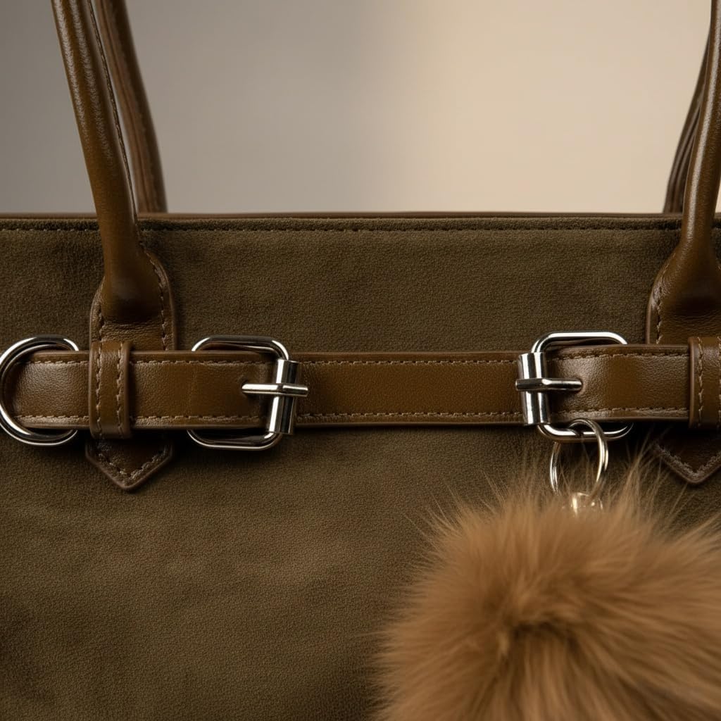 Elegant Suede Tote Handbag with Double Buckle Straps and Fur Pom Charm, Brown Shoulder Bag for Women