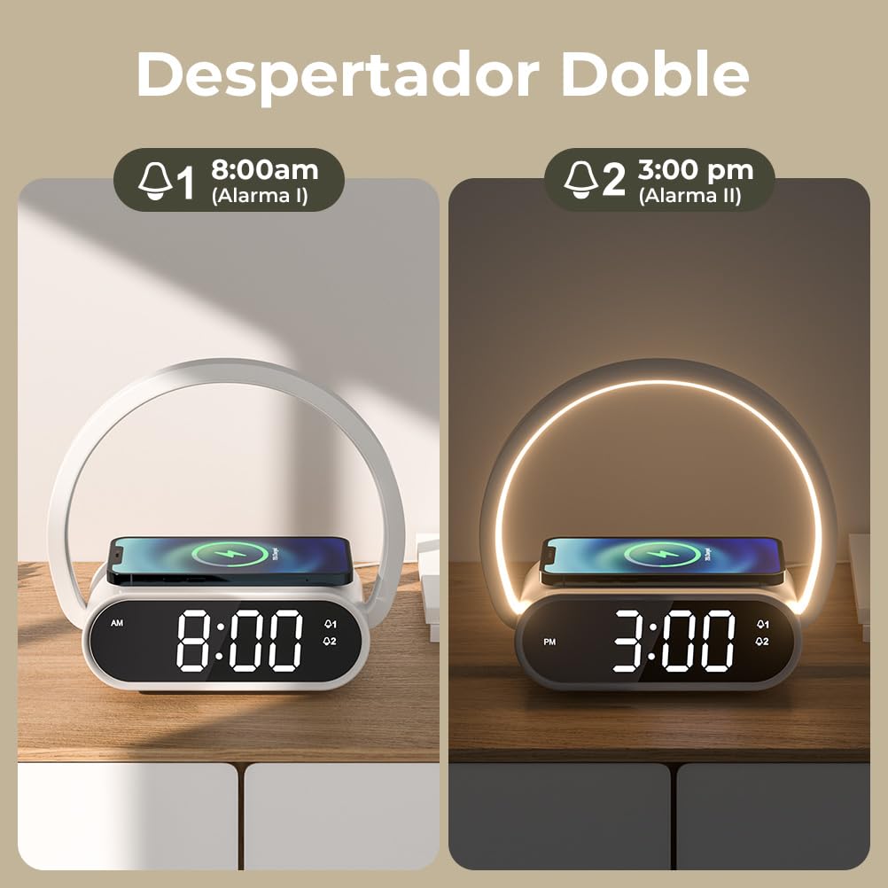 Despertador con Luz Nocturna Regulable 4 Niveles (Leer o Dormir) y 2 Alarmas, Carga Inalámbrica para iPhone/Samsung, Puerto USB, Reloj 3 en 1 para Adultos, Habitación, Oficina o Niños