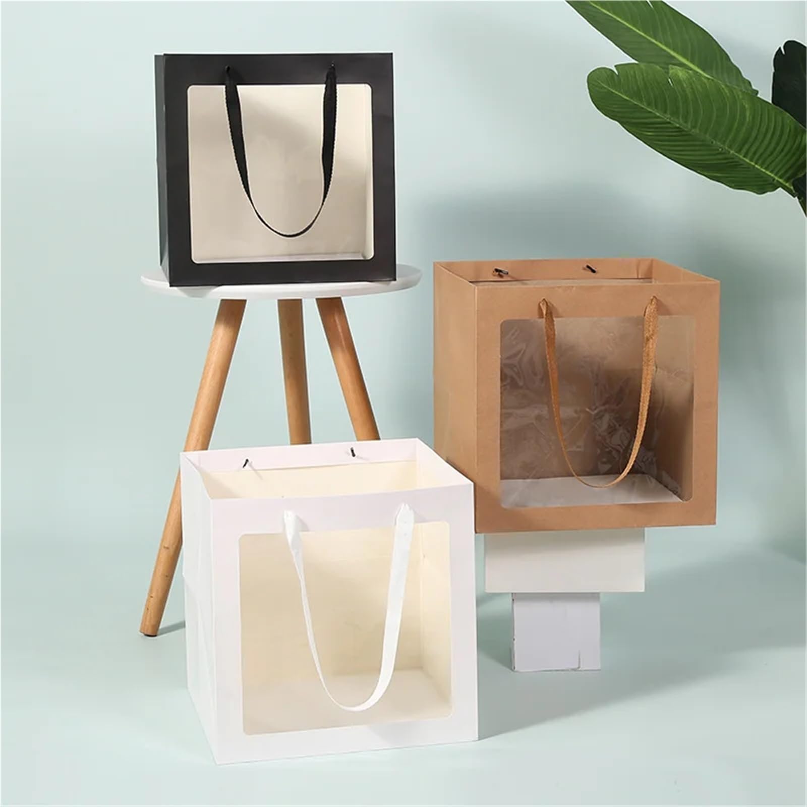papiertüten 12 Stück Kraftpapiertüten | Verpackung Farbe Handtasche Kuchen Aufbewahrung wiederverwendbarer Beutel mit Fenster(Kraft paper,25x25x25cm)