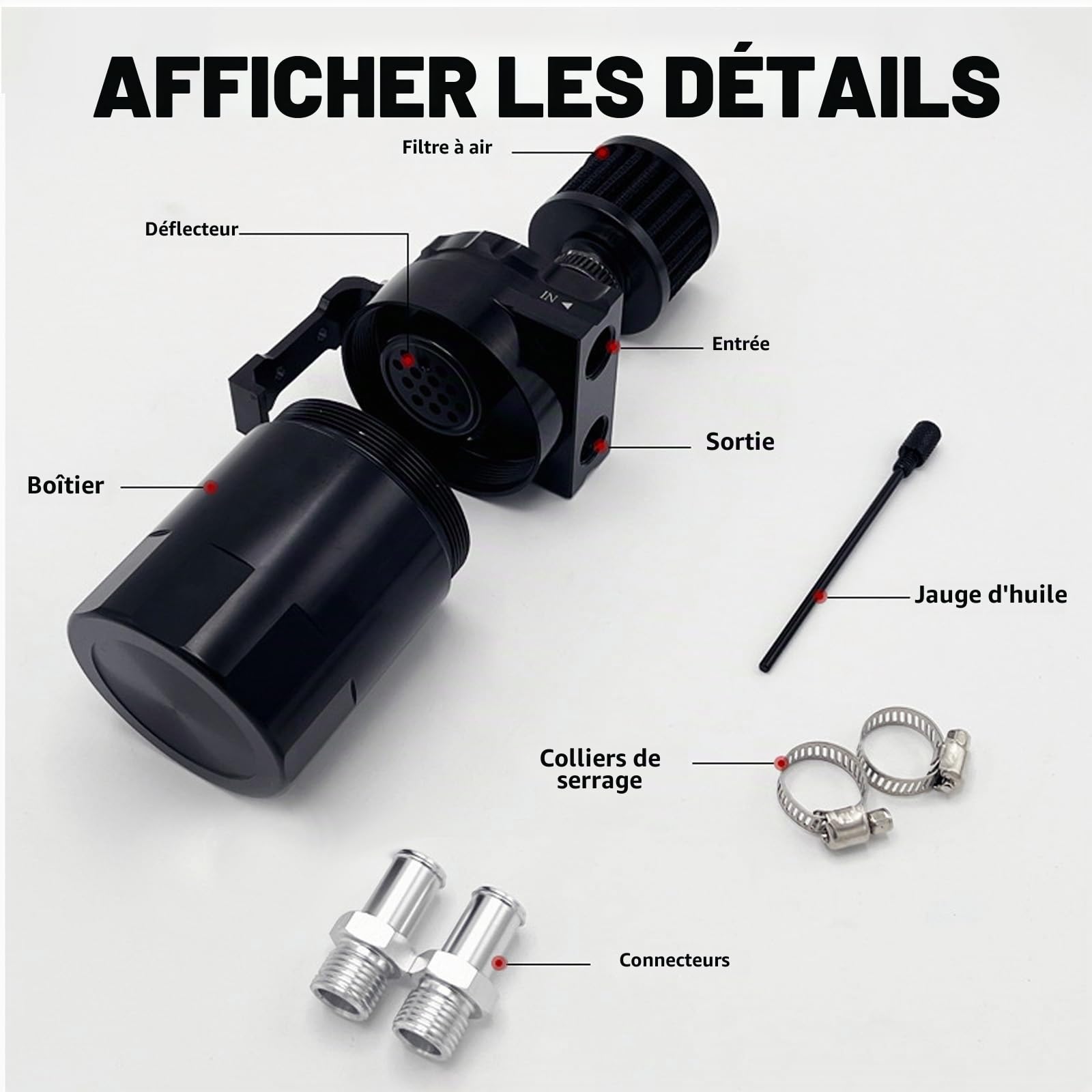 Oil Catch Can Auto, 300ml Aluminium Voiture Réservoir, Universel Séparateur Bidon Huile Voiture Air Filtre avec Filtre à Air, Tuyau et Autres Accessoires (Noir)