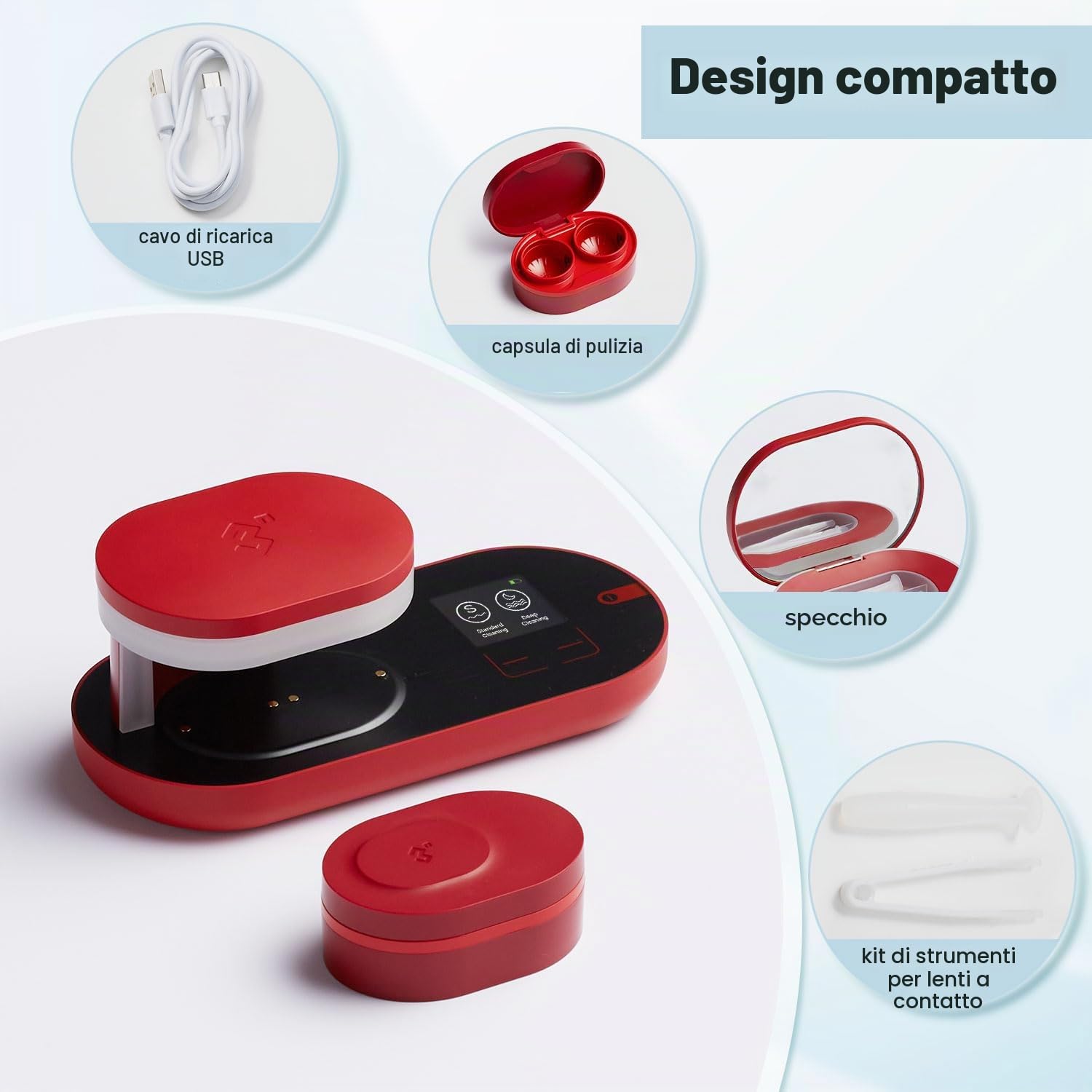 ReO2 Detergente per Lenti a Contatto, Tecnologia di Elettroforesi, con Specchio e Pinzetta, Pulizia Profonda per Lenti Morbide, Lenti a Contatto a Lungo Termine e Colorate, Non a Ultrasuoni (Rosso)