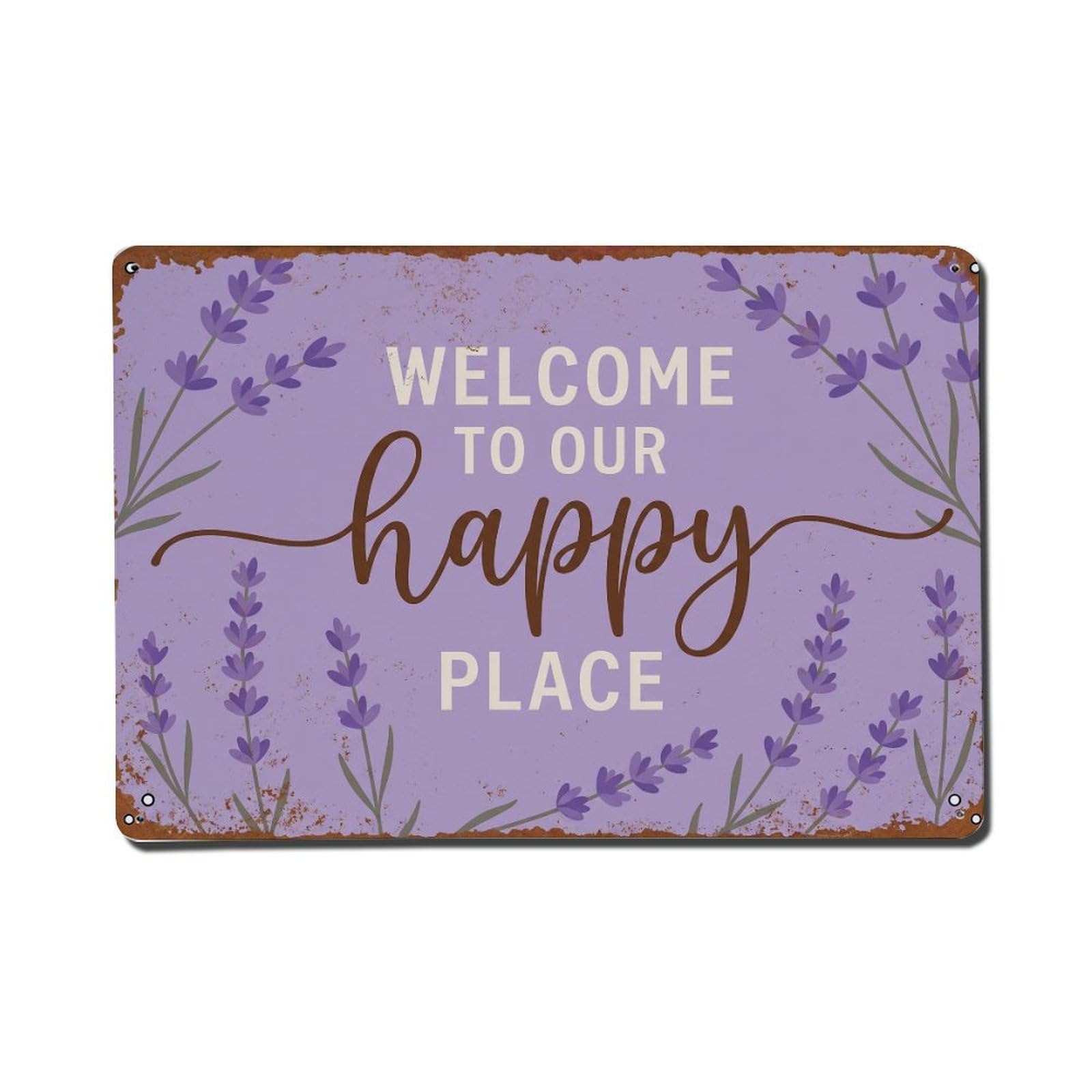 Welcome To Our Happy Place Lavender Farm Metal Tin Sign Plaque Wall Decor for Cafe, Club Bar, Office, Home Garden Metal Poster 8x12Inch