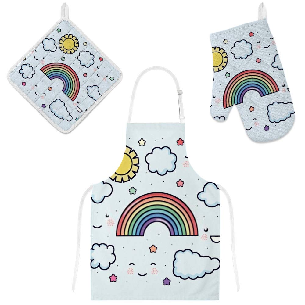 Tablier de cuisine 3 pièces gants et maniques motif soleil d'été coloré