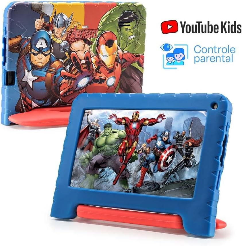 Tablet Infantil Avengers com Controle Parental 4GB RAM + 64GB + Tela 7 pol + Case + Wi-fi + Android 13 + Quad Core Multi - NB417